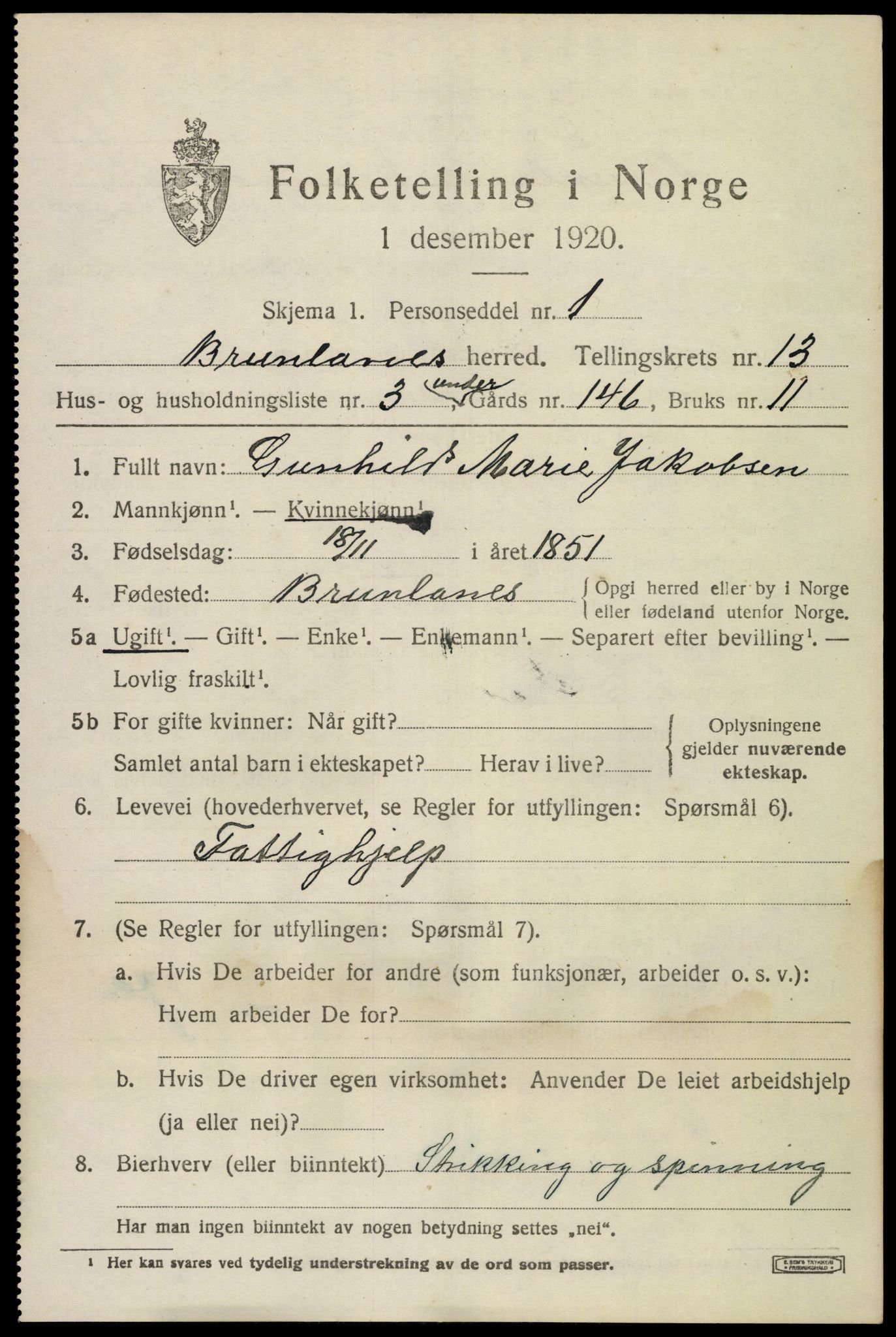 SAKO, 1920 census for Brunlanes, 1920, p. 10825