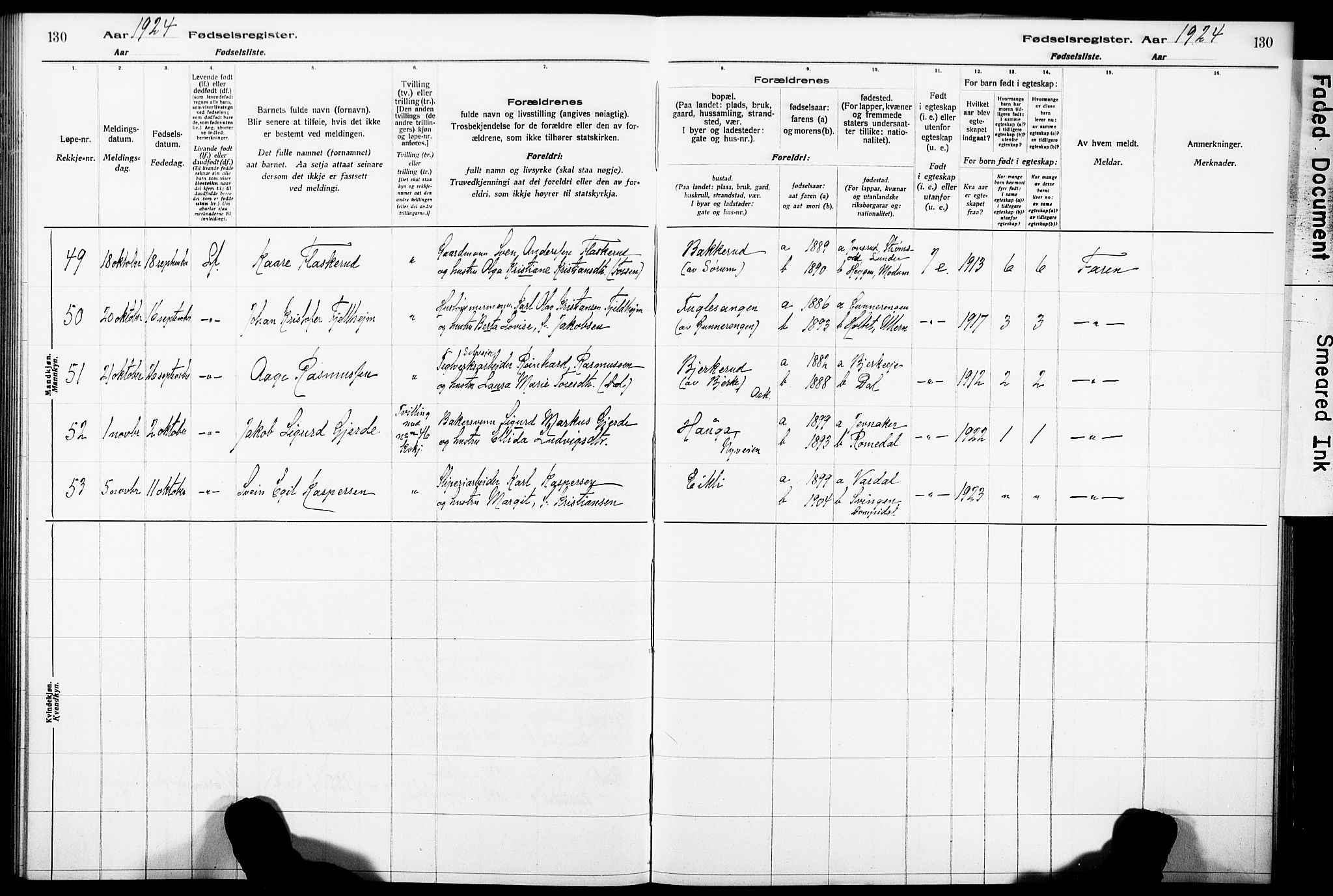 Norderhov kirkebøker, AV/SAKO-A-237/J/Ja/L0001: Birth register no. 1, 1916-1930, p. 130