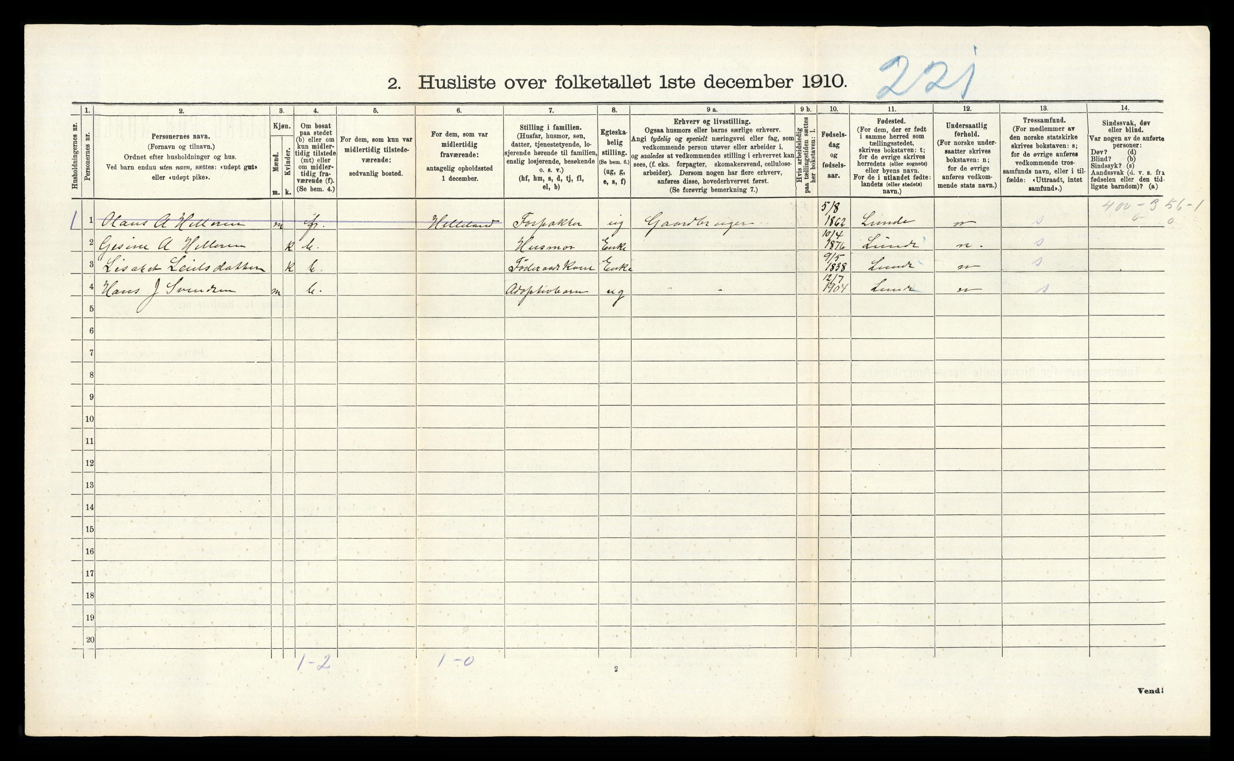 RA, 1910 census for Heskestad, 1910, p. 95