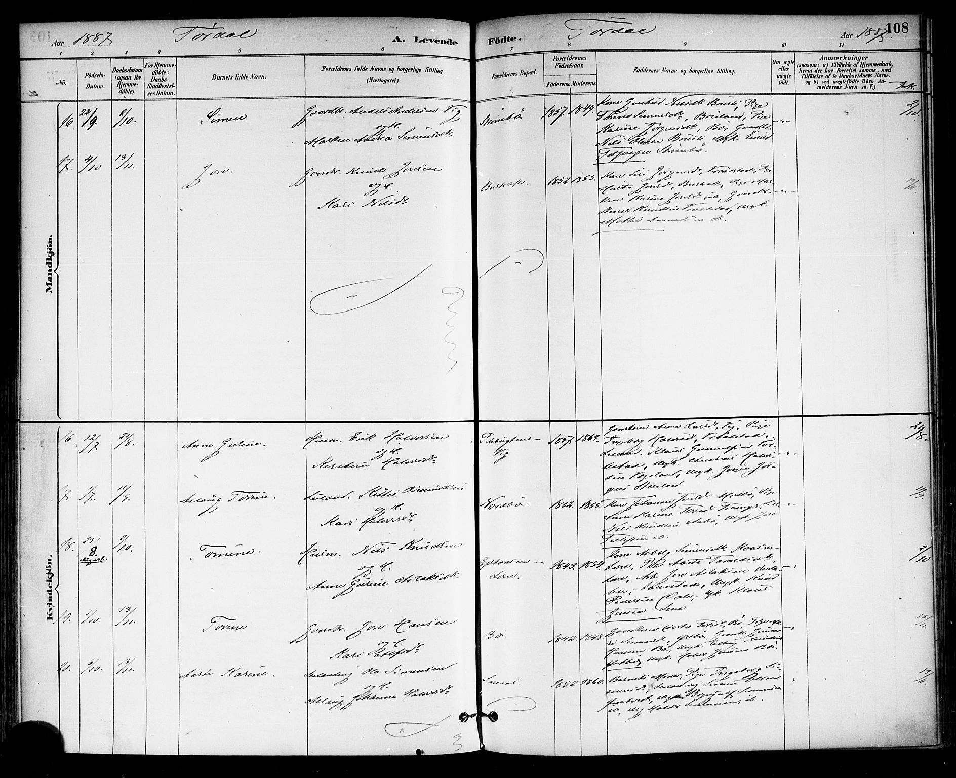 Drangedal kirkebøker, AV/SAKO-A-258/F/Fa/L0010: Parish register (official) no. 10 /2, 1885-1894, p. 108