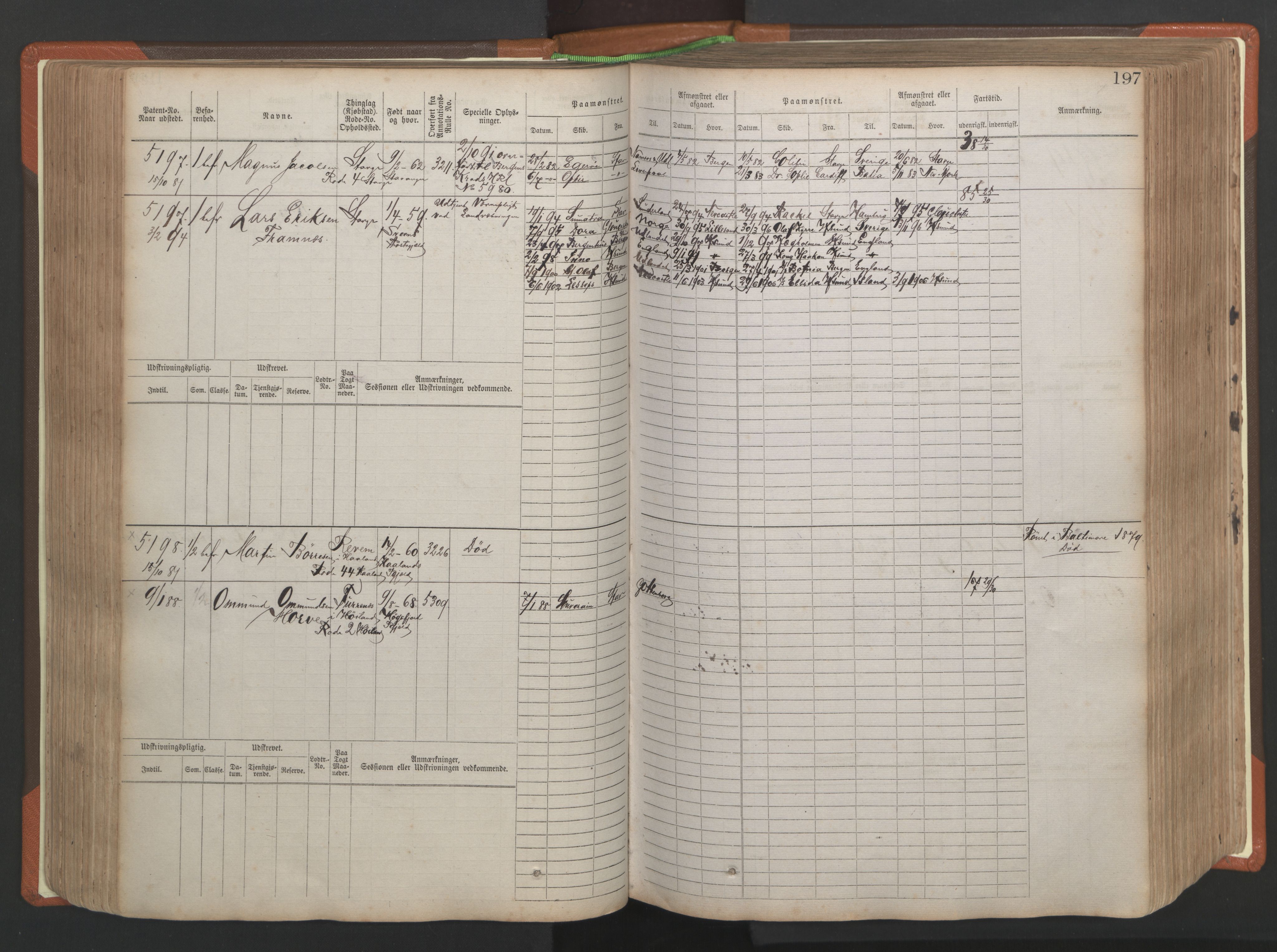 Stavanger sjømannskontor, AV/SAST-A-102006/F/Fb/Fbb/L0009: Sjøfartshovedrulle, patentnr. 4805-6006, 1879-1887, p. 203