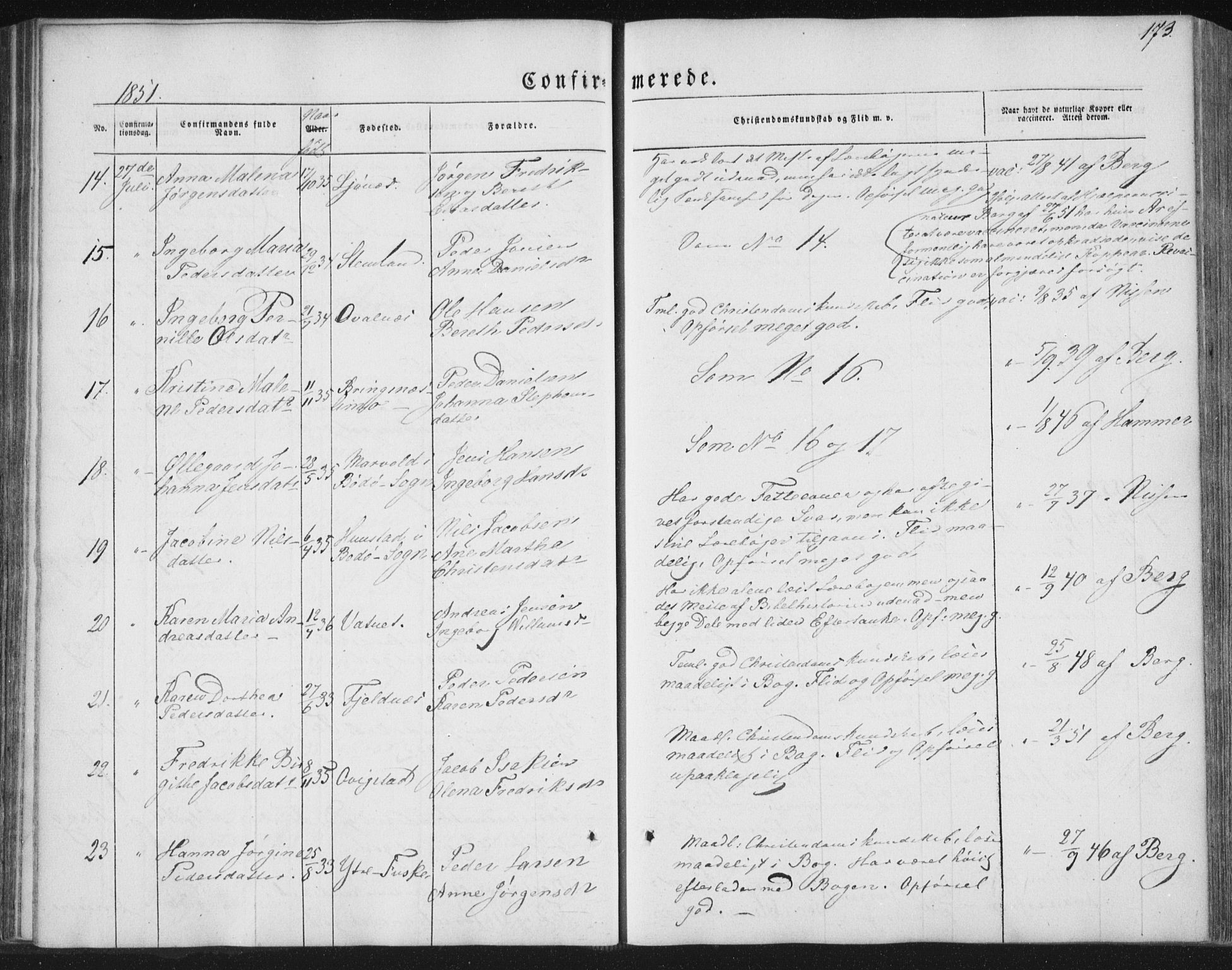 Ministerialprotokoller, klokkerbøker og fødselsregistre - Nordland, AV/SAT-A-1459/852/L0738: Parish register (official) no. 852A08, 1849-1865, p. 173