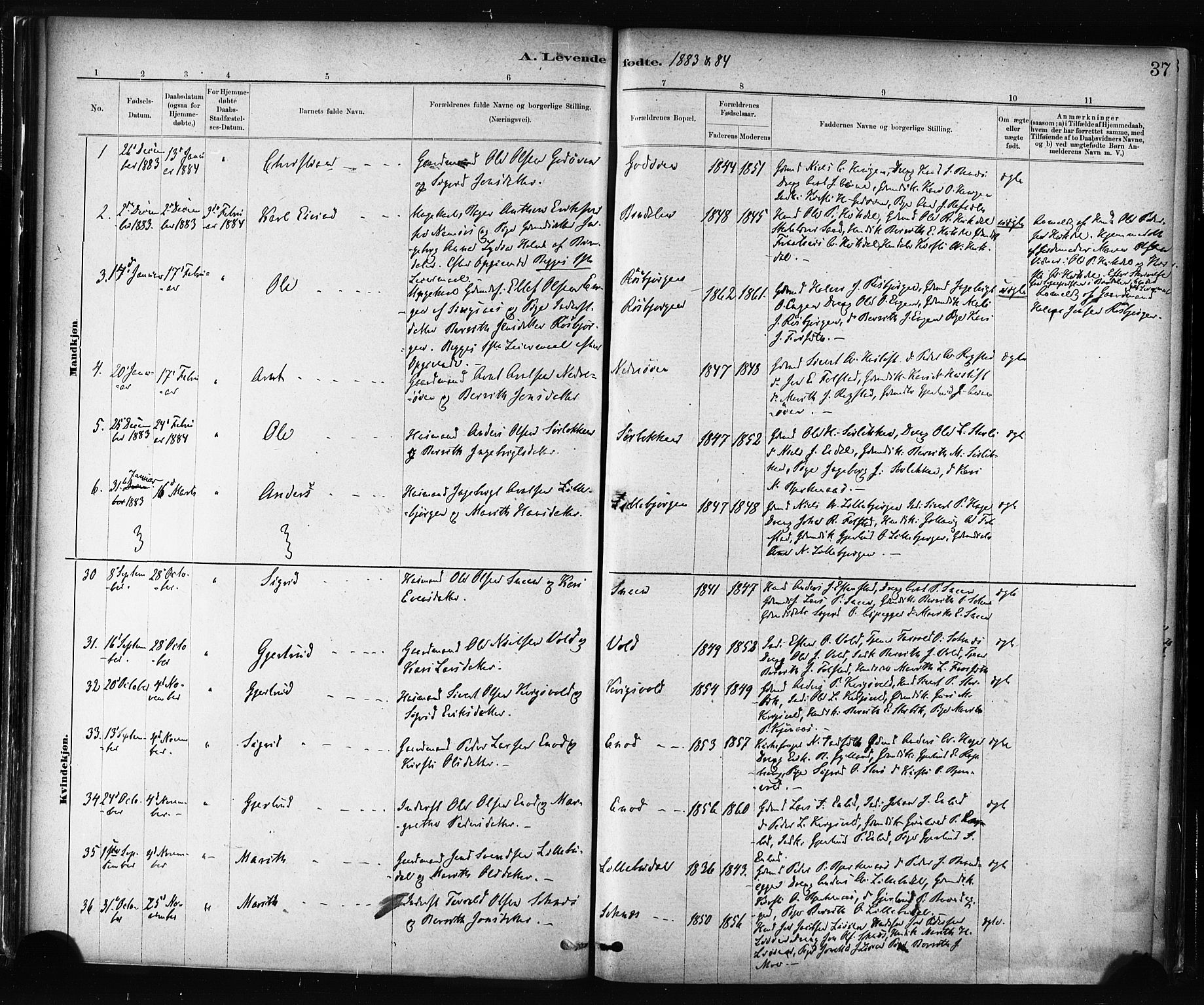 Ministerialprotokoller, klokkerbøker og fødselsregistre - Sør-Trøndelag, SAT/A-1456/687/L1002: Parish register (official) no. 687A08, 1878-1890, p. 37