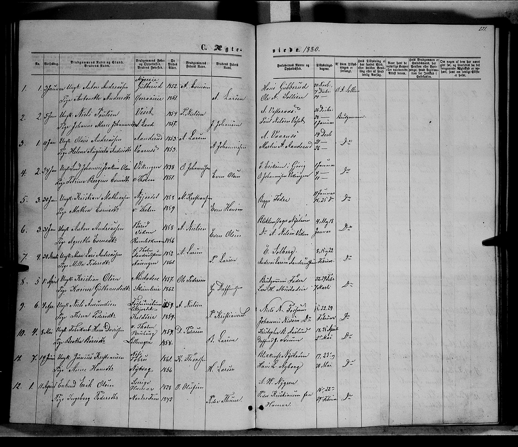Vardal prestekontor, SAH/PREST-100/H/Ha/Hab/L0006: Parish register (copy) no. 6, 1869-1881, p. 271