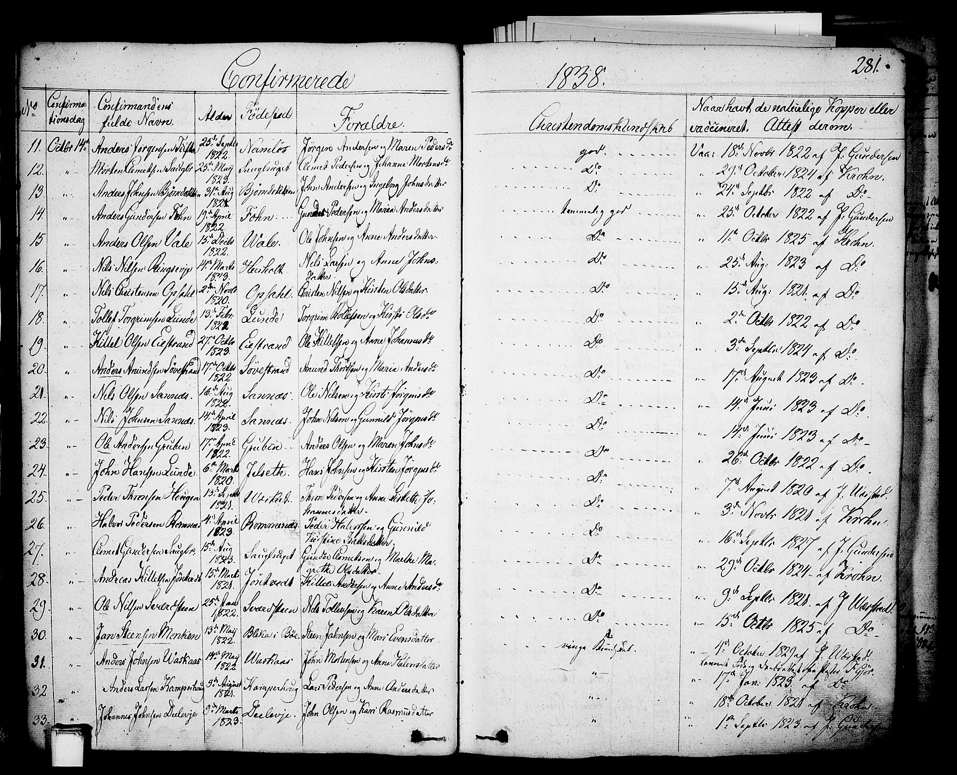 Holla kirkebøker, SAKO/A-272/F/Fa/L0004: Parish register (official) no. 4, 1830-1848, p. 281