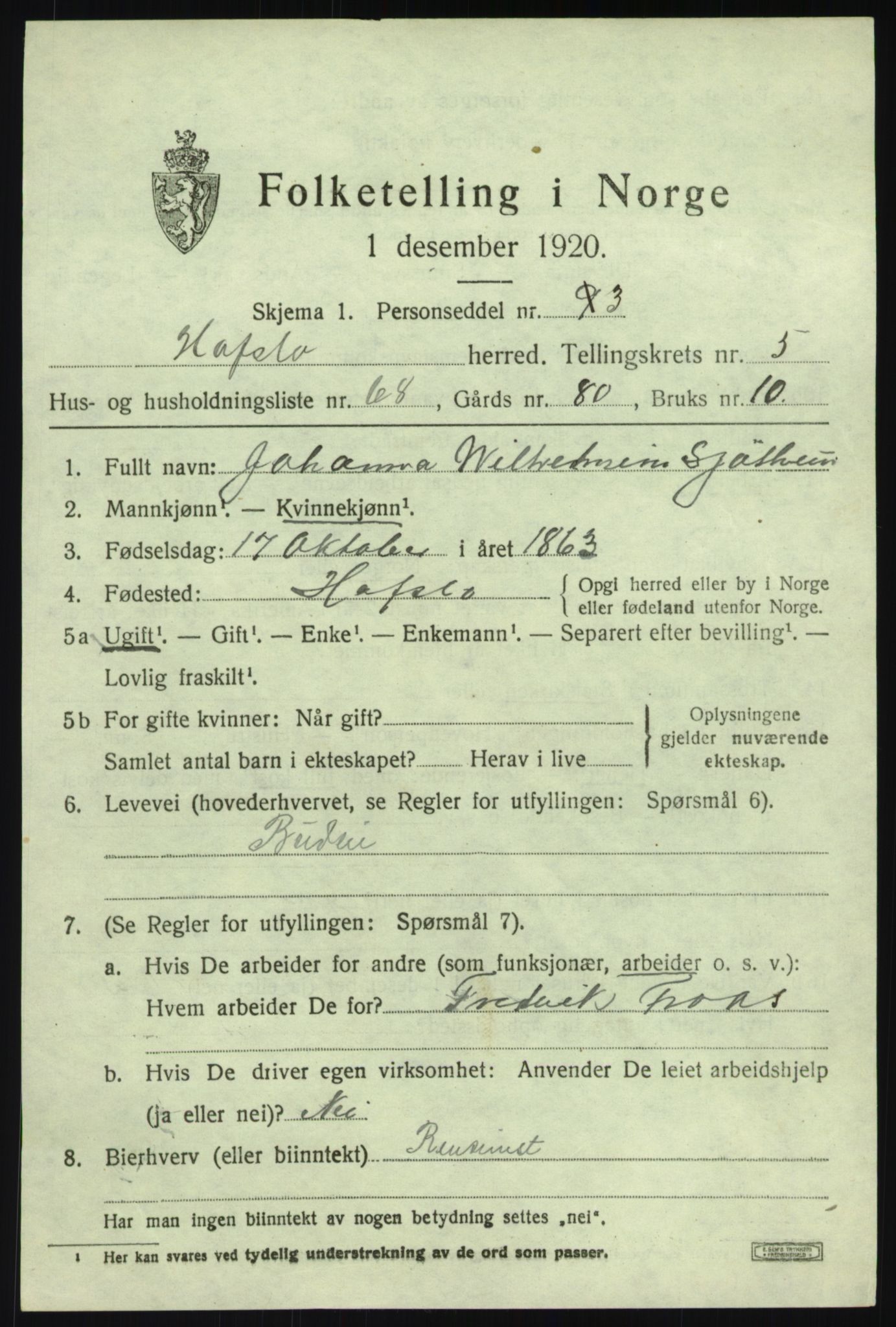 SAB, 1920 census for Hafslo, 1920, p. 4492