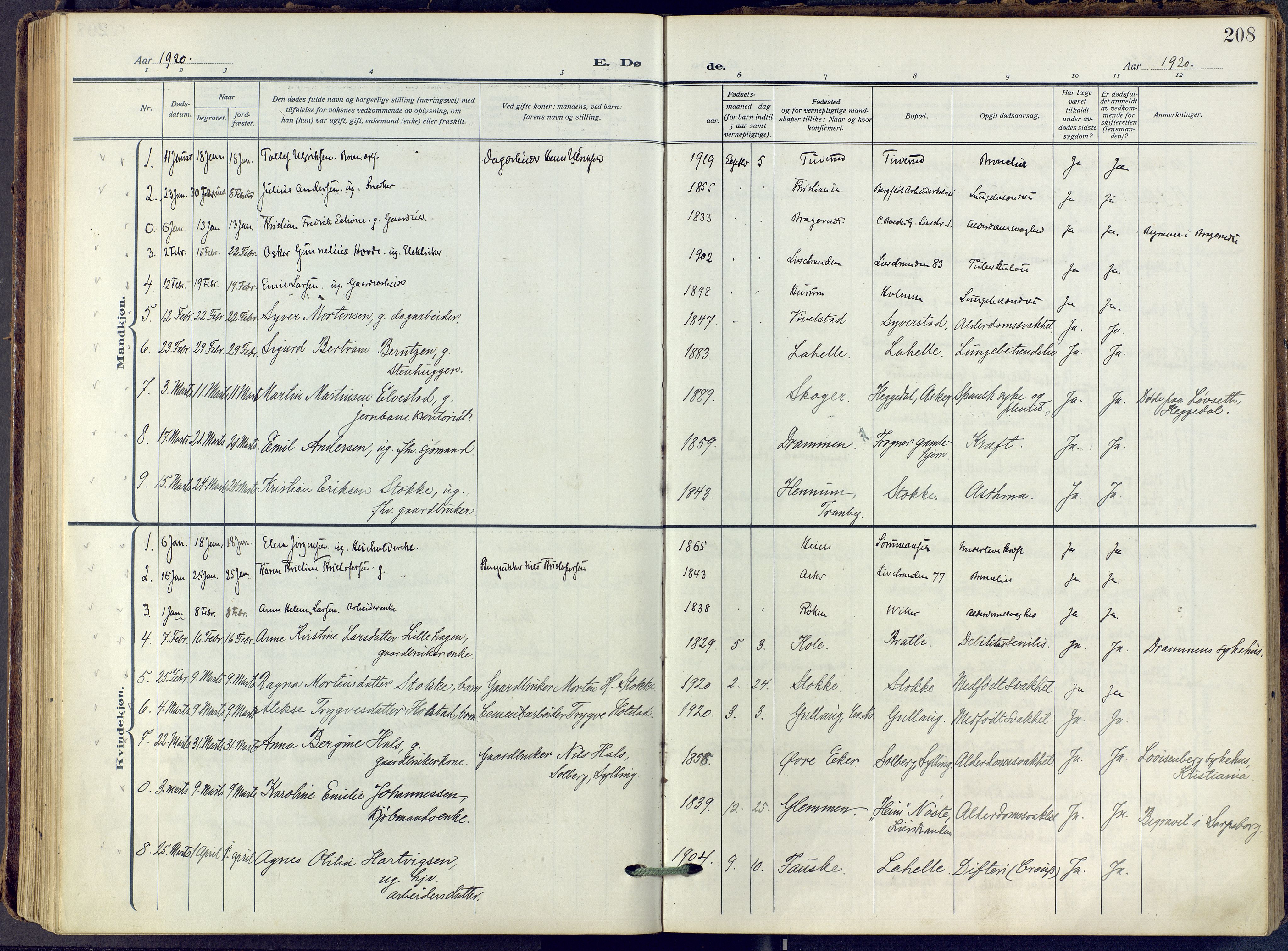 Lier kirkebøker, SAKO/A-230/F/Fa/L0019: Parish register (official) no. I 19, 1918-1928, p. 208