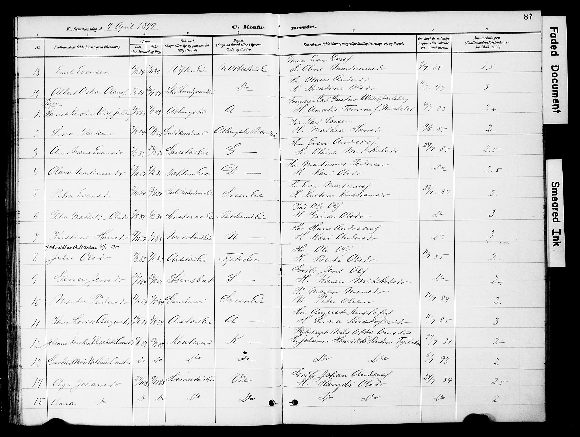 Stange prestekontor, AV/SAH-PREST-002/K/L0021: Parish register (official) no. 21, 1891-1902, p. 87