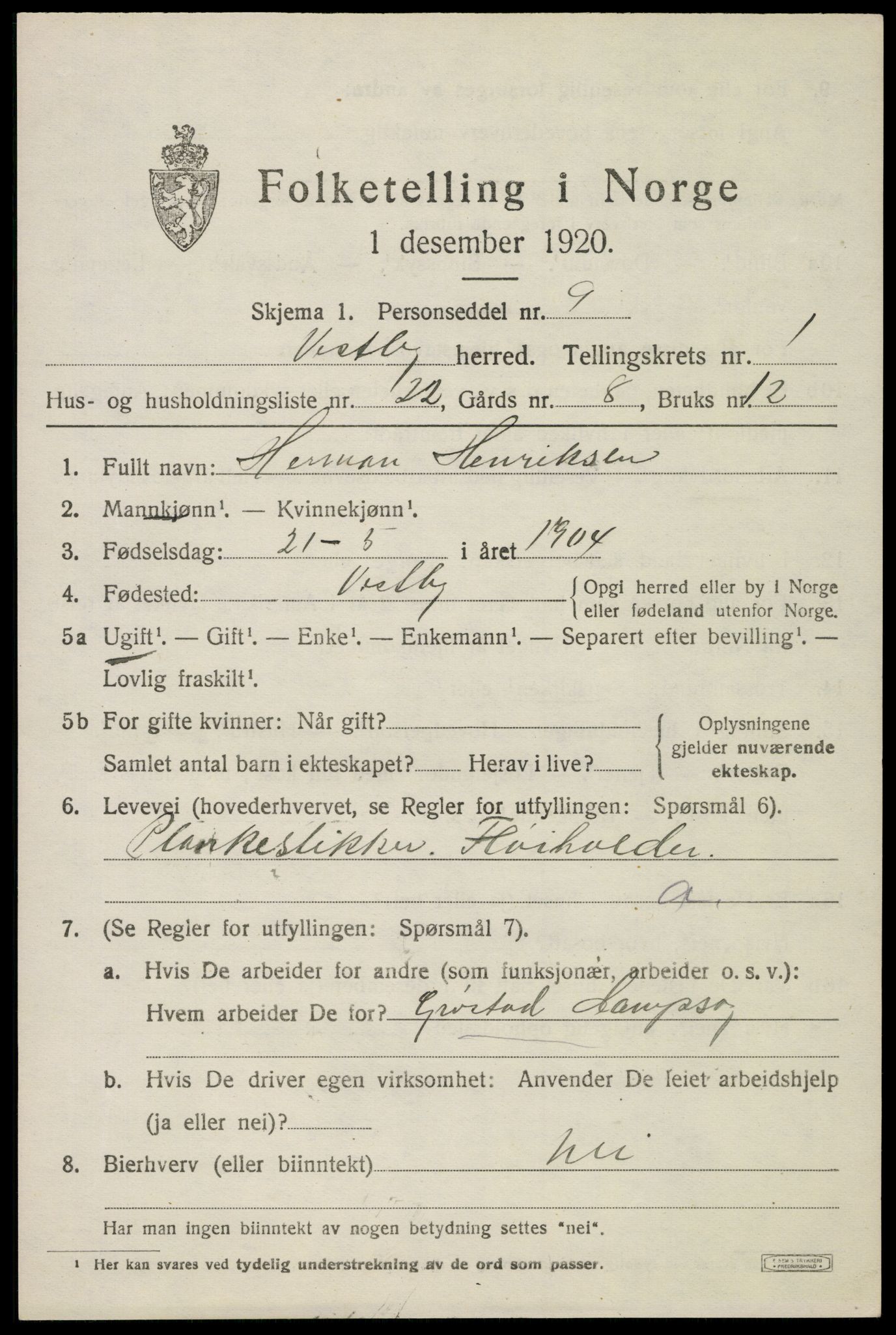 SAO, 1920 census for Vestby, 1920, p. 1639