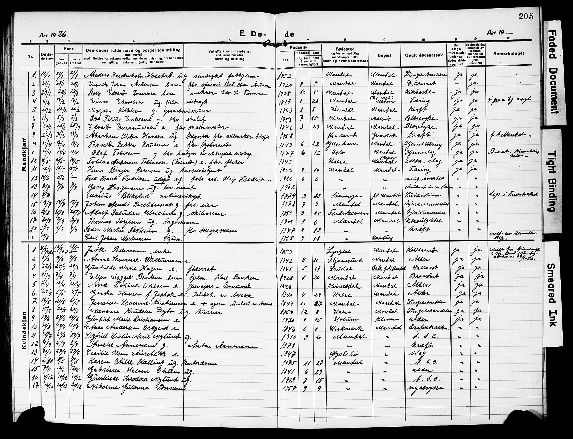 Mandal sokneprestkontor, SAK/1111-0030/F/Fb/Fbc/L0001: Parish register (copy) no. B 1, 1918-1931, p. 205
