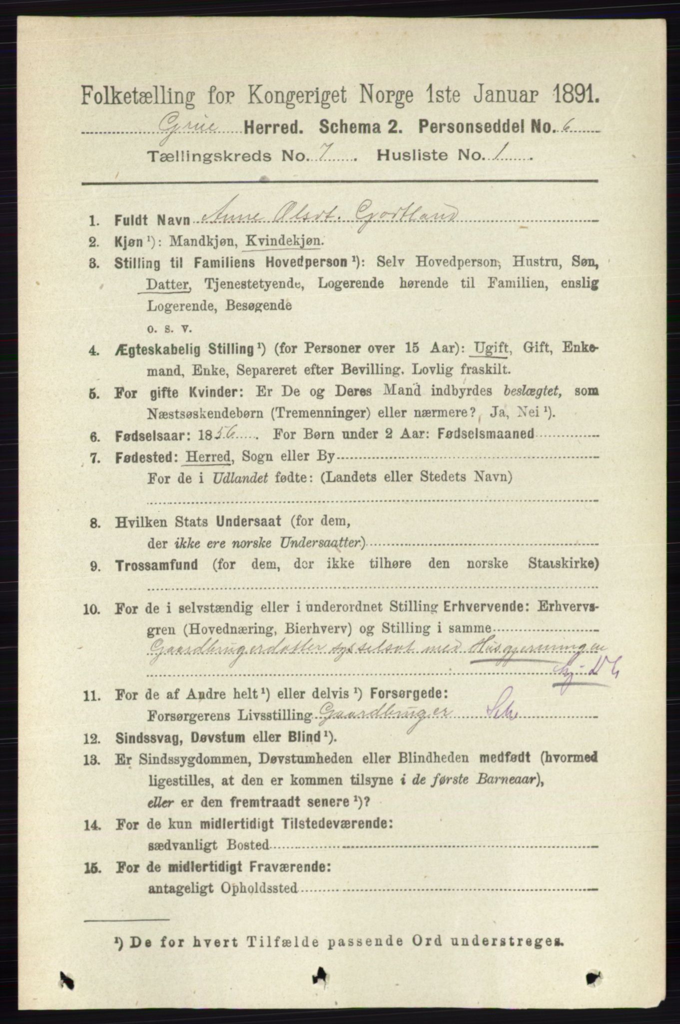 RA, 1891 census for 0423 Grue, 1891, p. 3572