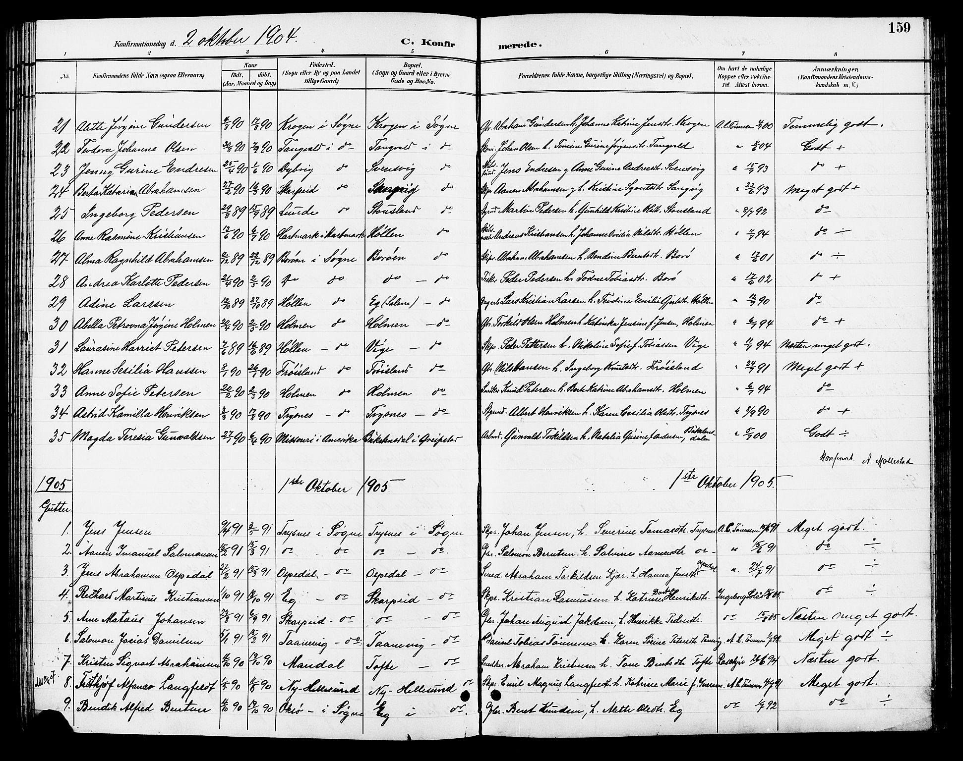 Søgne sokneprestkontor, SAK/1111-0037/F/Fb/Fbb/L0006: Parish register (copy) no. B 6, 1892-1911, p. 159