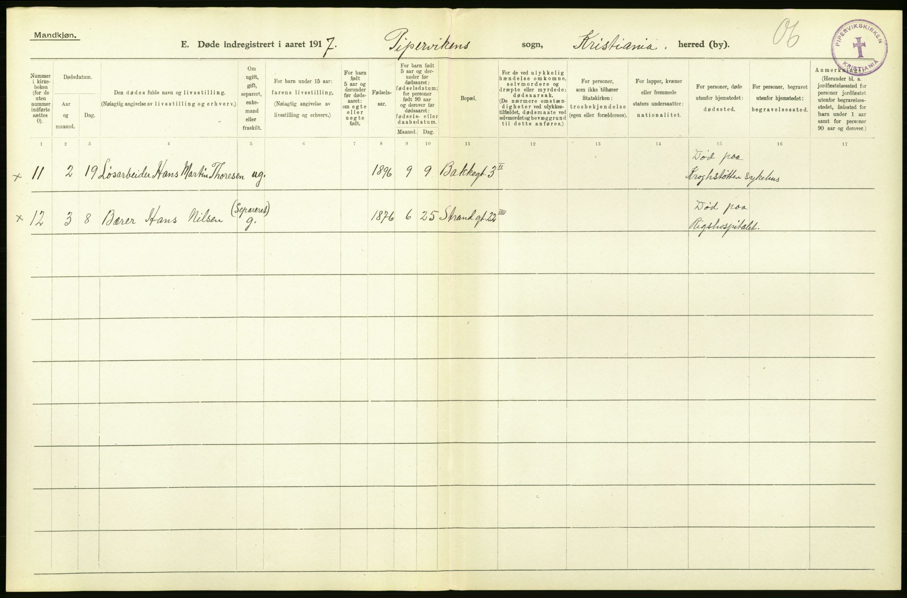 Statistisk sentralbyrå, Sosiodemografiske emner, Befolkning, AV/RA-S-2228/D/Df/Dfb/Dfbg/L0011: Kristiania: Døde, dødfødte., 1917, p. 4