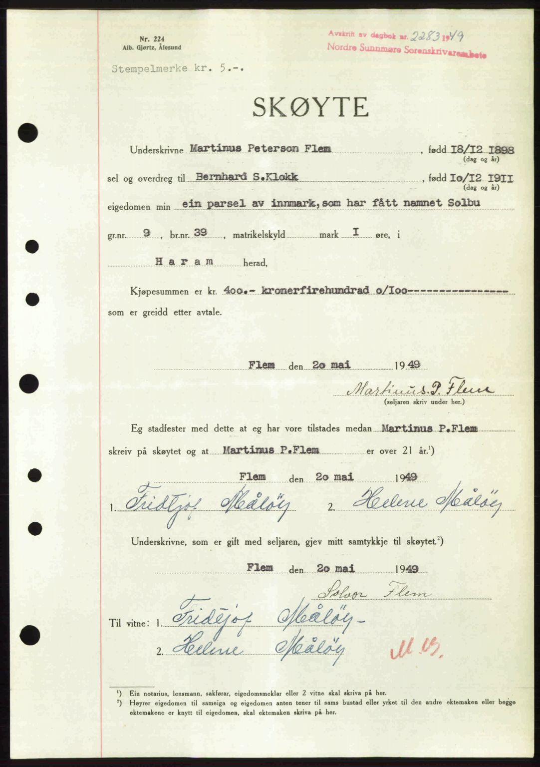 Nordre Sunnmøre sorenskriveri, AV/SAT-A-0006/1/2/2C/2Ca: Mortgage book no. A32, 1949-1949, Diary no: : 2283/1949