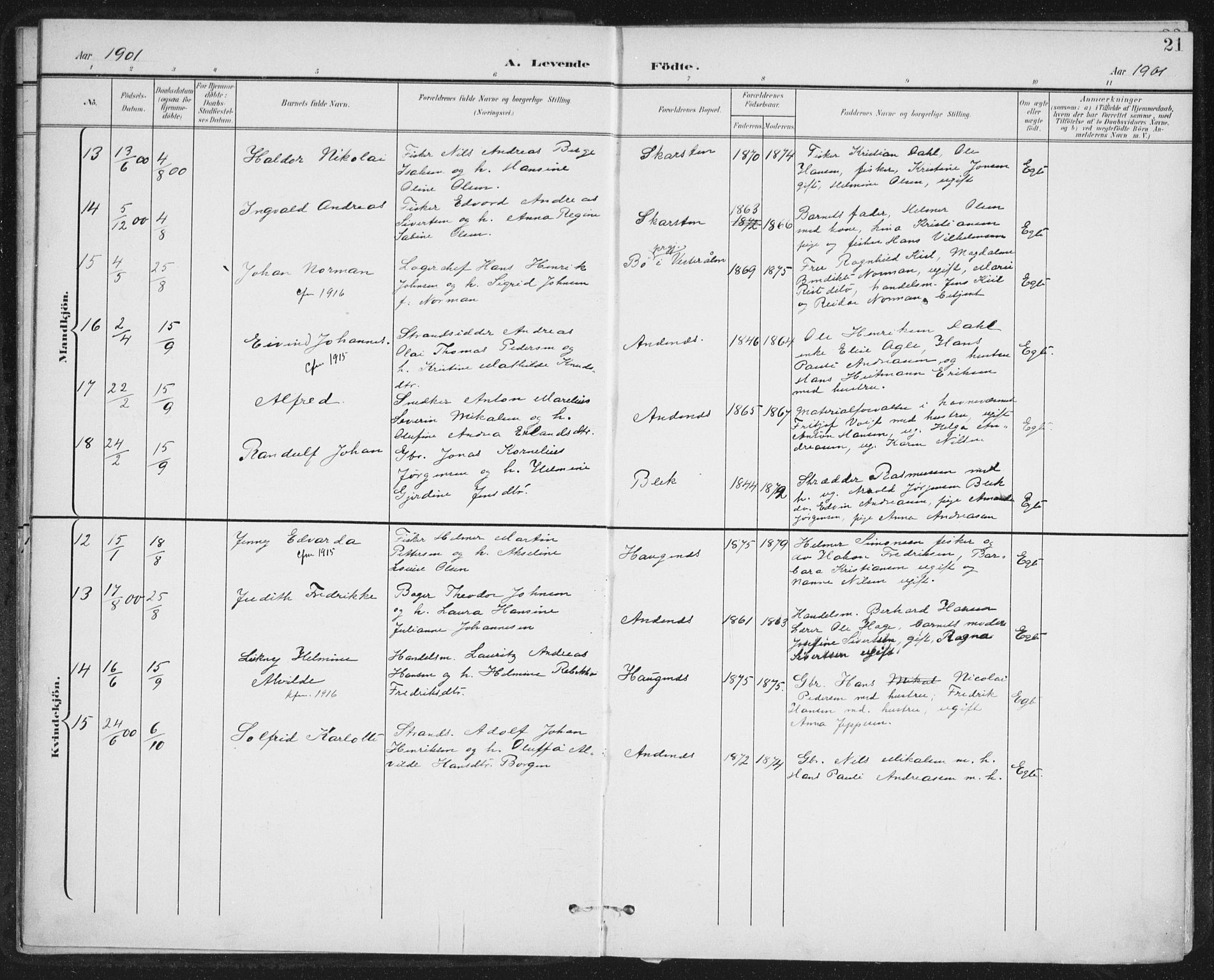 Ministerialprotokoller, klokkerbøker og fødselsregistre - Nordland, AV/SAT-A-1459/899/L1437: Parish register (official) no. 899A05, 1897-1908, p. 21