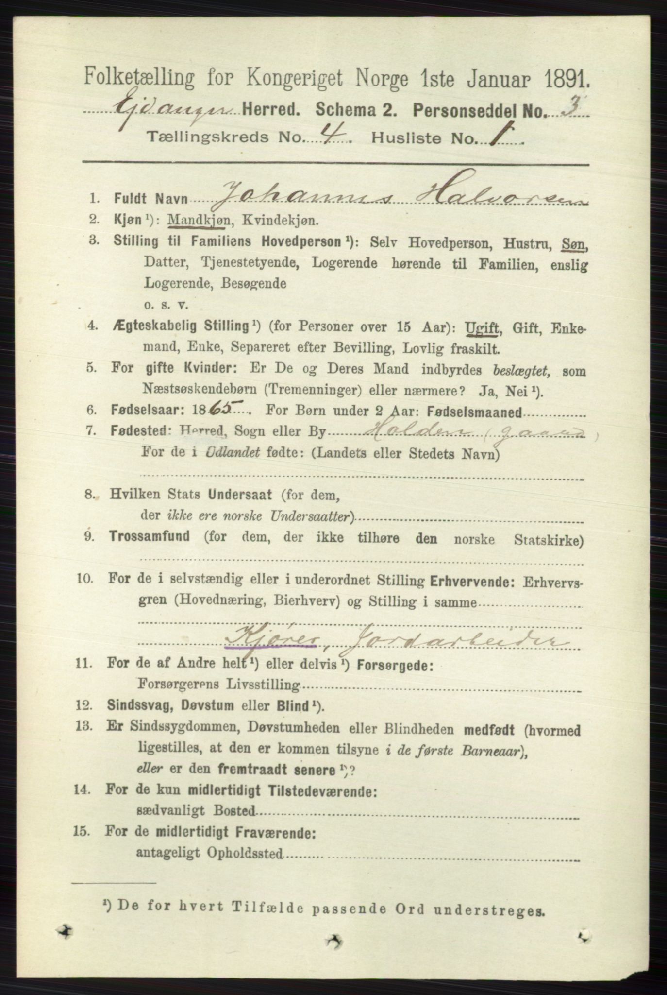 RA, 1891 census for 0813 Eidanger, 1891, p. 1943