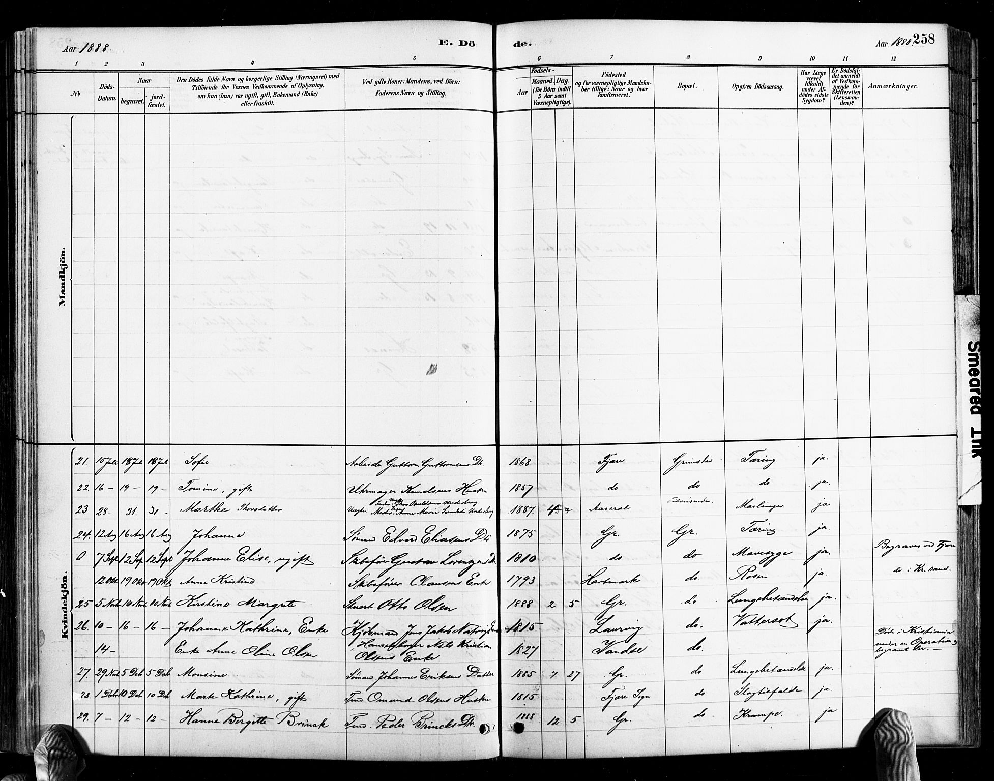 Grimstad sokneprestkontor, AV/SAK-1111-0017/F/Fb/L0001: Parish register (copy) no. B 1, 1881-1922, p. 258