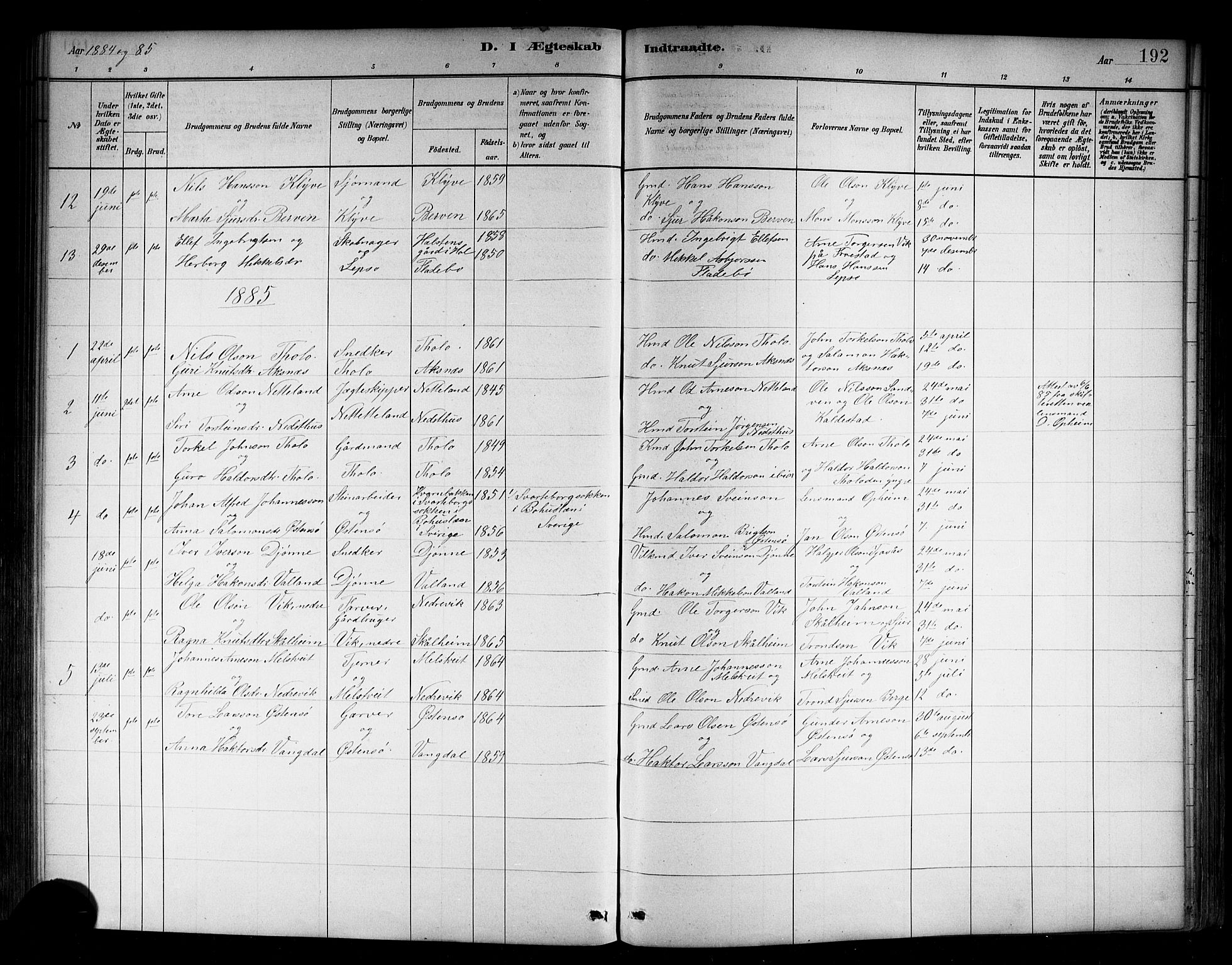 Kvam sokneprestembete, SAB/A-76201/H/Hab: Parish register (copy) no. B 3, 1884-1916, p. 192