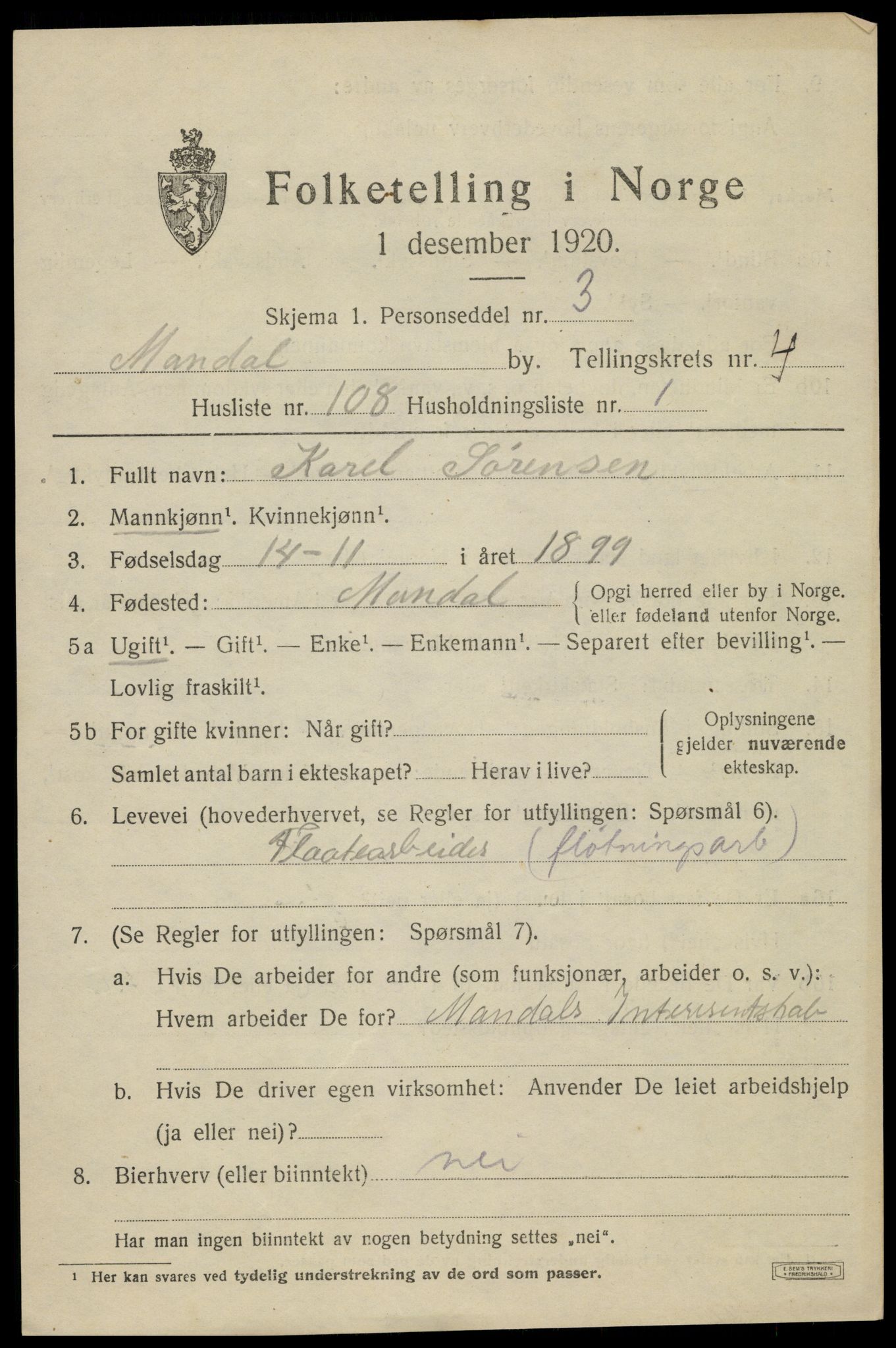 SAK, 1920 census for Mandal, 1920, p. 8181