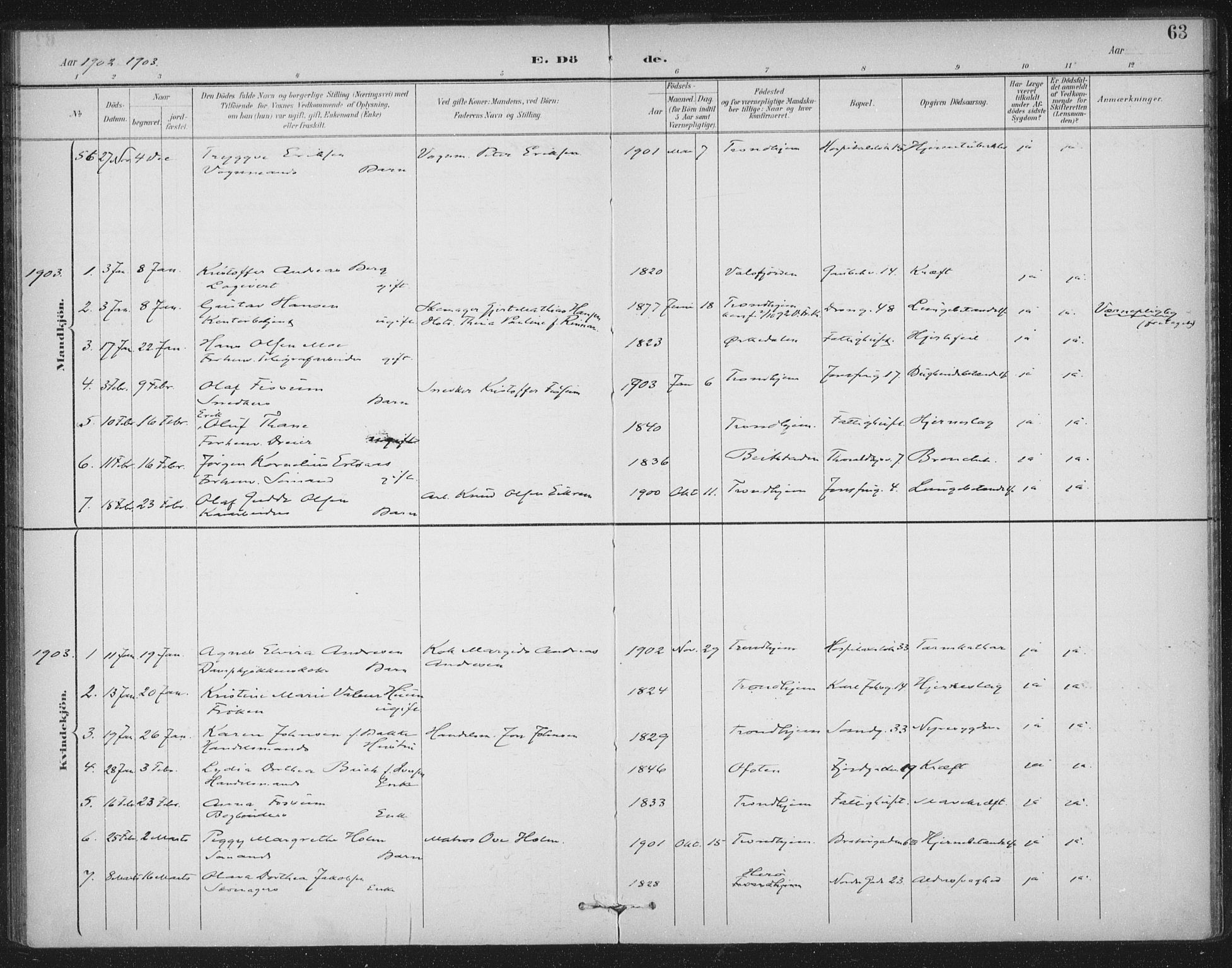 Ministerialprotokoller, klokkerbøker og fødselsregistre - Sør-Trøndelag, SAT/A-1456/602/L0123: Parish register (official) no. 602A21, 1895-1910, p. 63