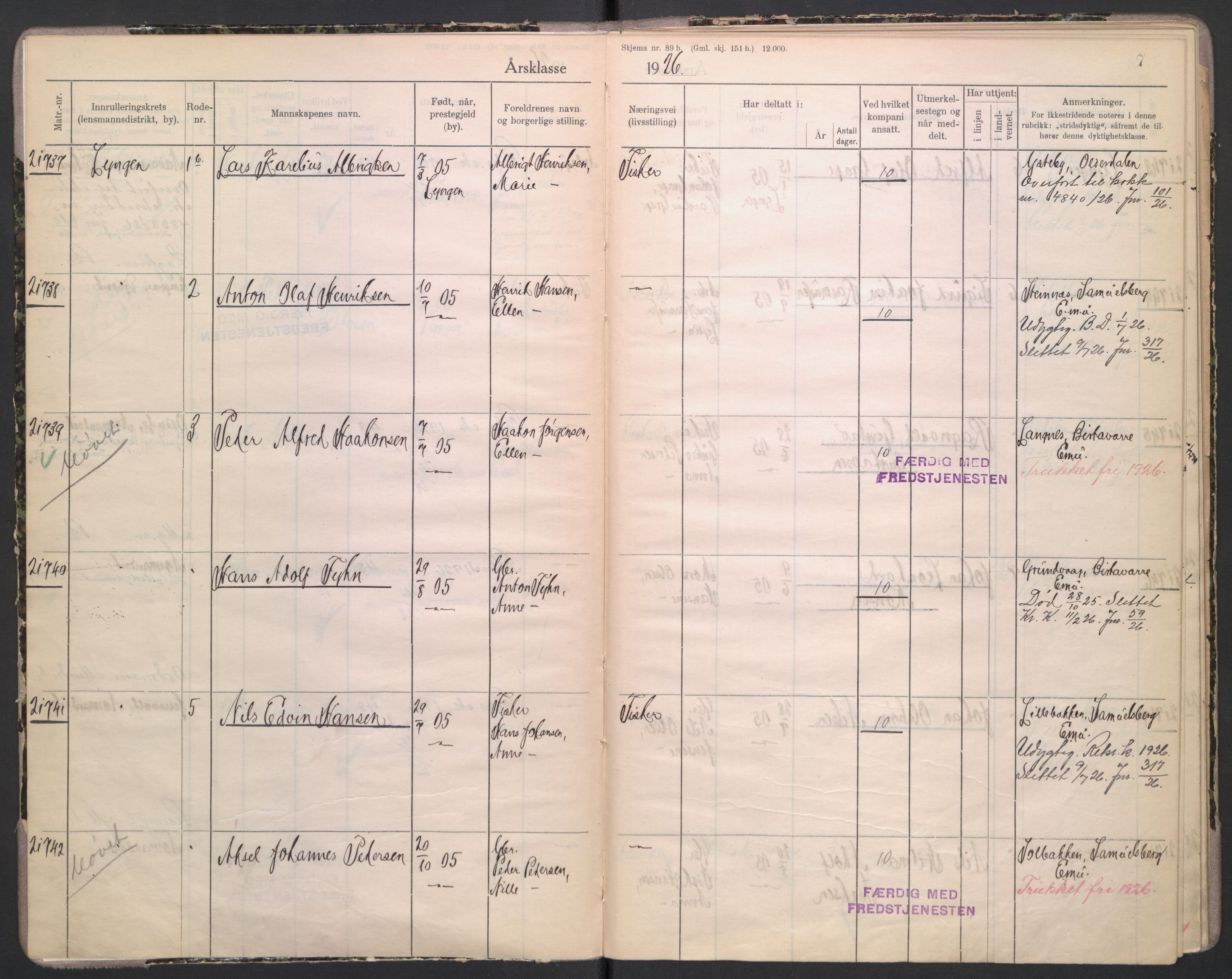 Forsvaret, Troms infanteriregiment nr. 16, AV/RA-RAFA-3146/P/Pa/L0004/0002: Ruller / Rulle for Lyngen bataljons menige mannskaper, årsklasse 1926, 1926, p. 7
