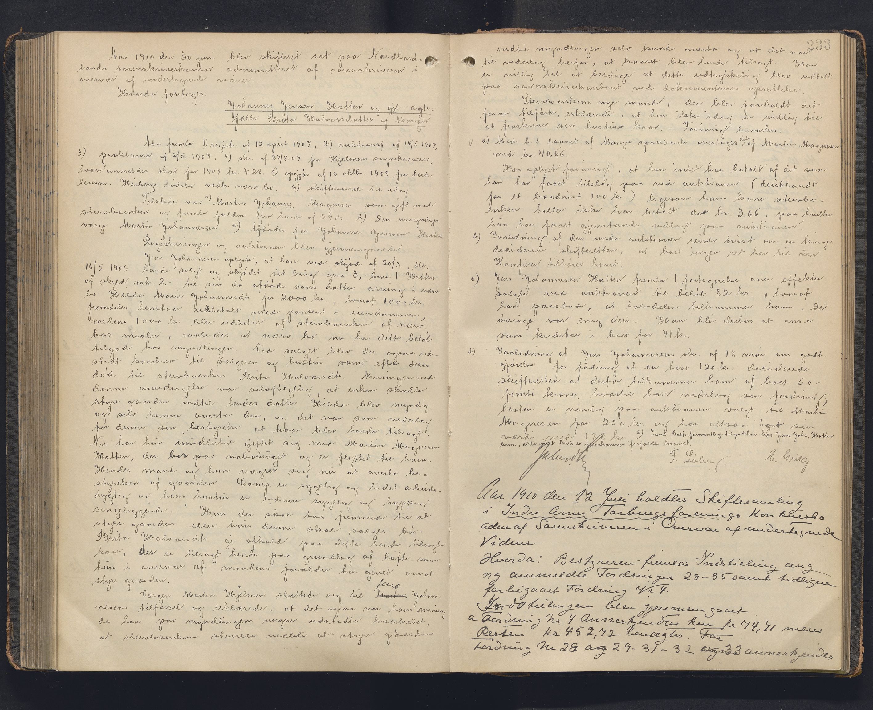 Nordhordland sorenskrivar, AV/SAB-A-2901/1/H/Hc/L0005: Skifteforhandlingsprotokollar, 1902-1911, p. 233