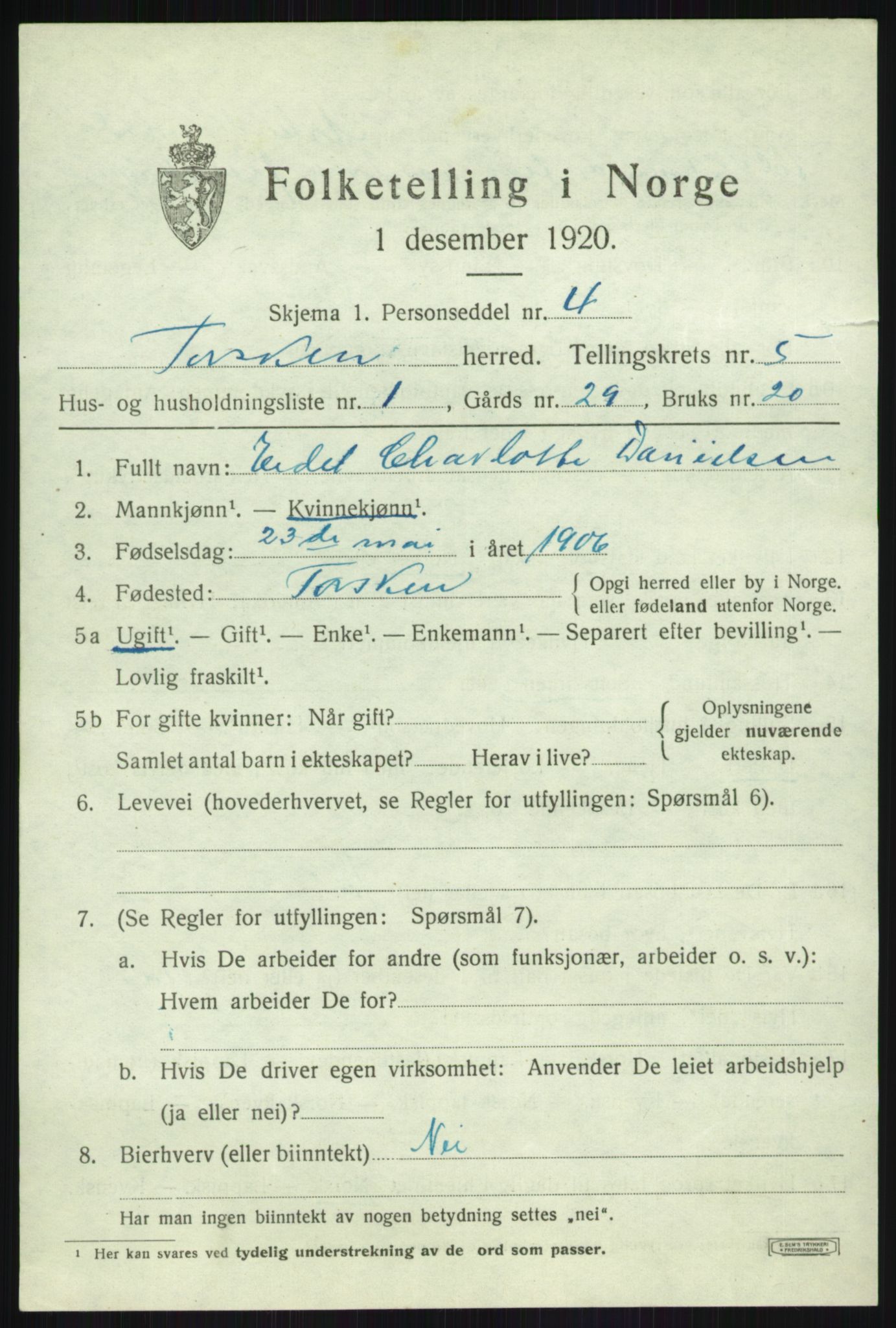 SATØ, 1920 census for Torsken, 1920, p. 1992