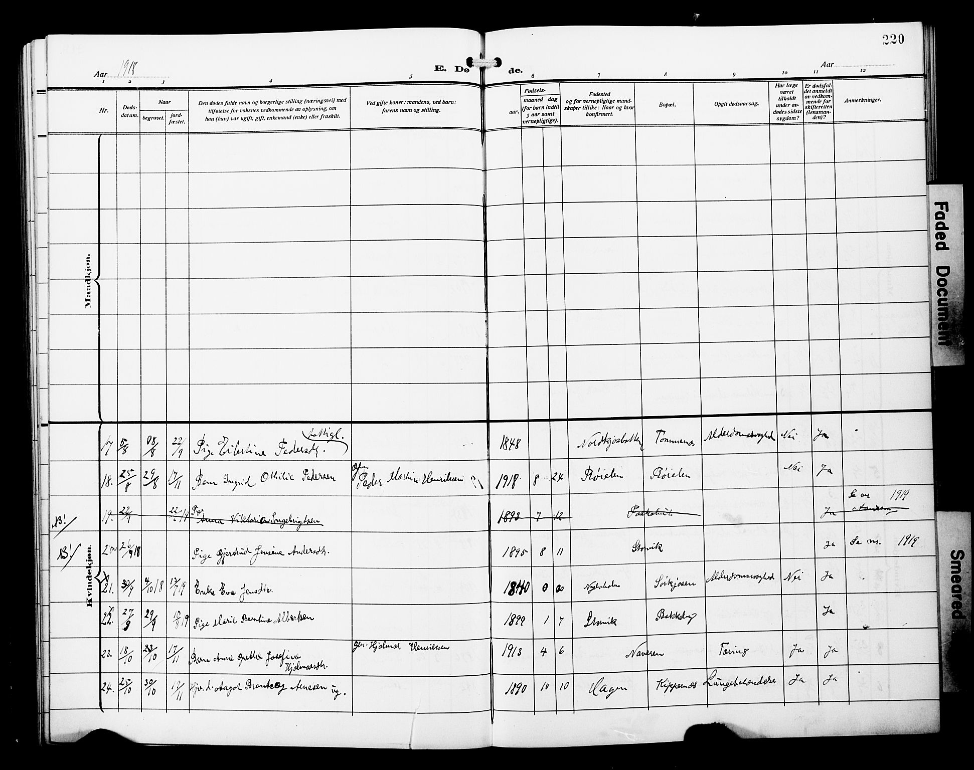 Skjervøy sokneprestkontor, SATØ/S-1300/H/Ha/Hab/L0022klokker: Parish register (copy) no. 22, 1910-1926, p. 220