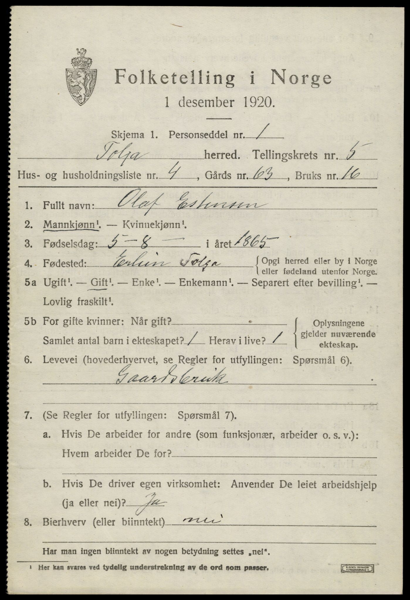 SAH, 1920 census for Tolga, 1920, p. 3255