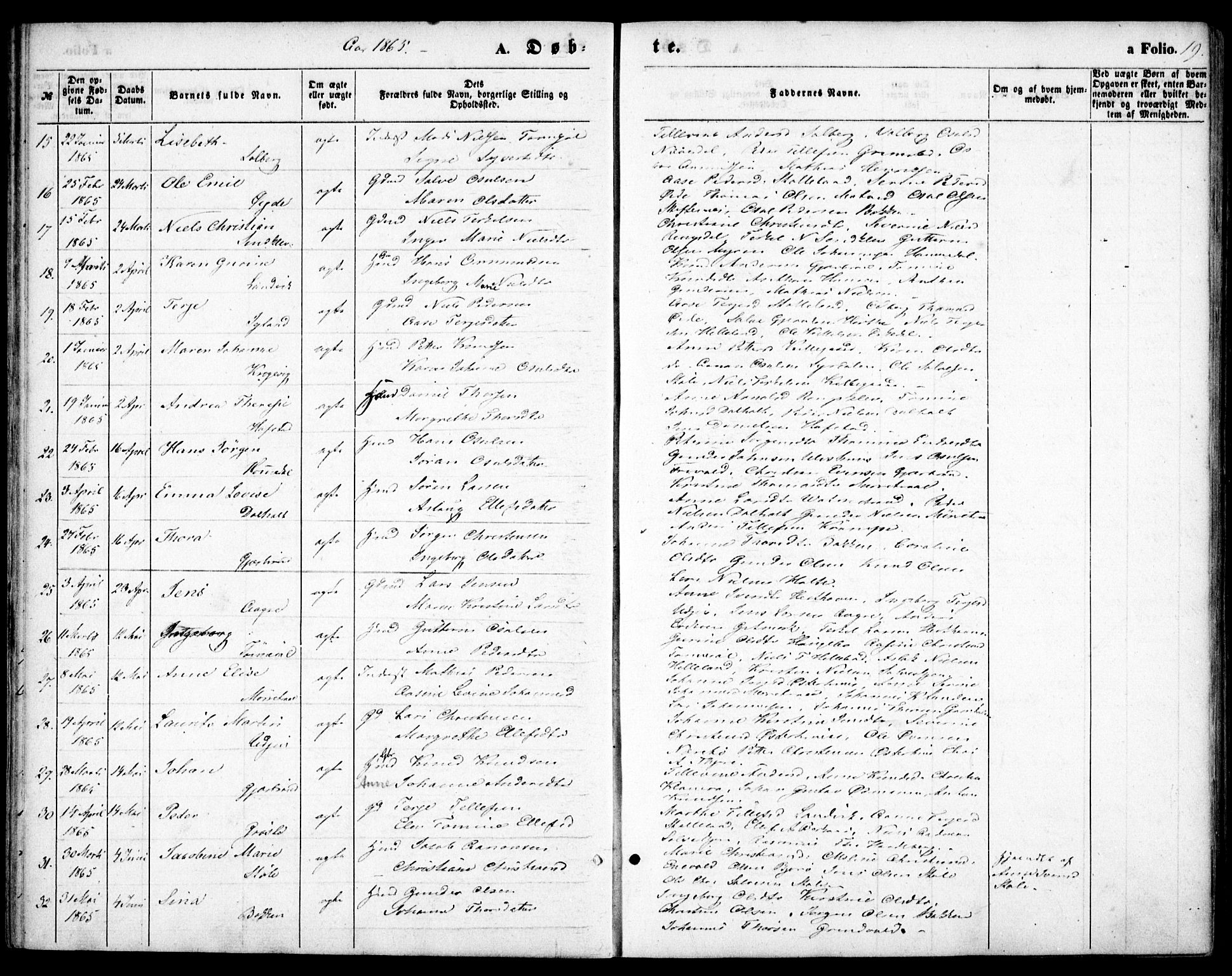 Hommedal sokneprestkontor, AV/SAK-1111-0023/F/Fa/Fab/L0005: Parish register (official) no. A 5, 1861-1877, p. 19