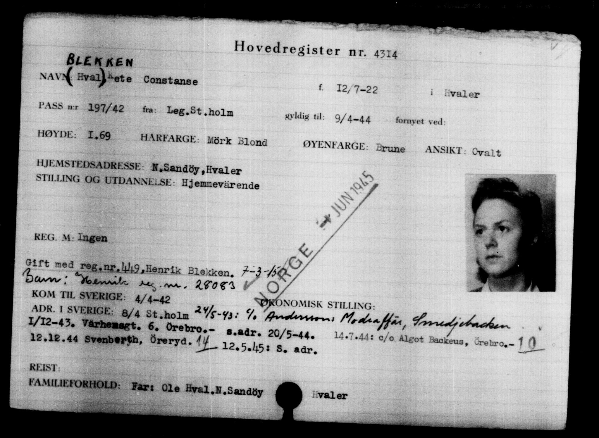 Utenriksstasjonene, Legasjonen i Stockholm, Flyktningkontoret, AV/RA-S-6753/V/Va/L0004: Kjesäterkartoteket, flyktninger med registreringsnr. 3496-6610, 1940-1945, p. 994