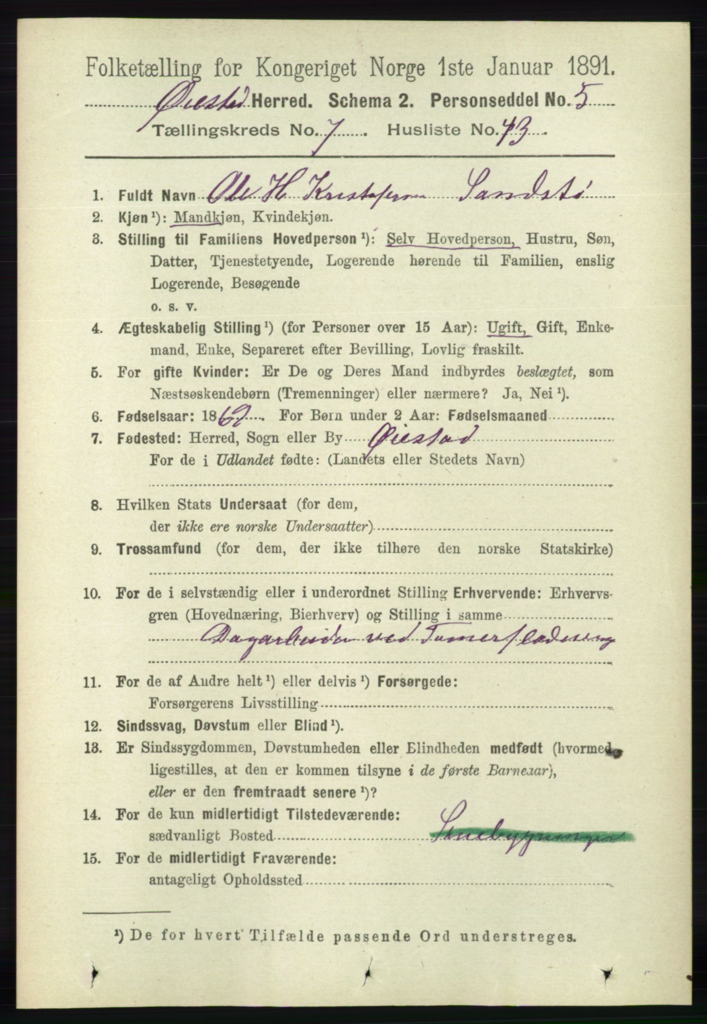 RA, 1891 census for 0920 Øyestad, 1891, p. 2902