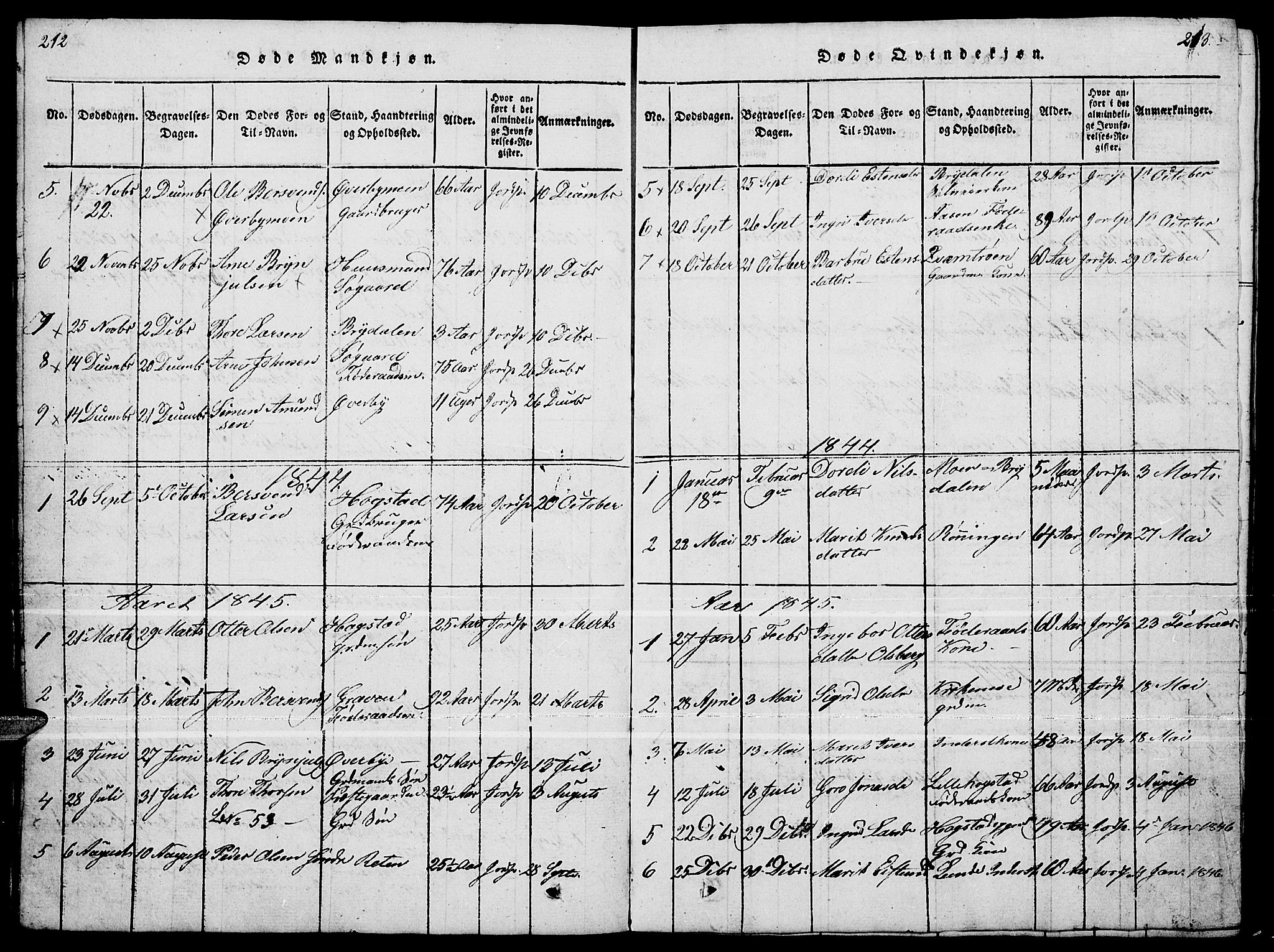 Tynset prestekontor, SAH/PREST-058/H/Ha/Hab/L0004: Parish register (copy) no. 4, 1814-1879, p. 212-213