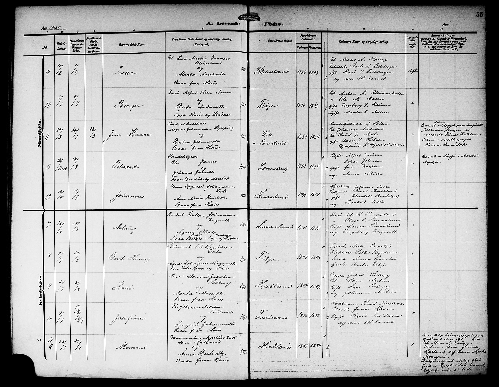 Haus sokneprestembete, AV/SAB-A-75601/H/Hab: Parish register (copy) no. C 4, 1907-1922, p. 55