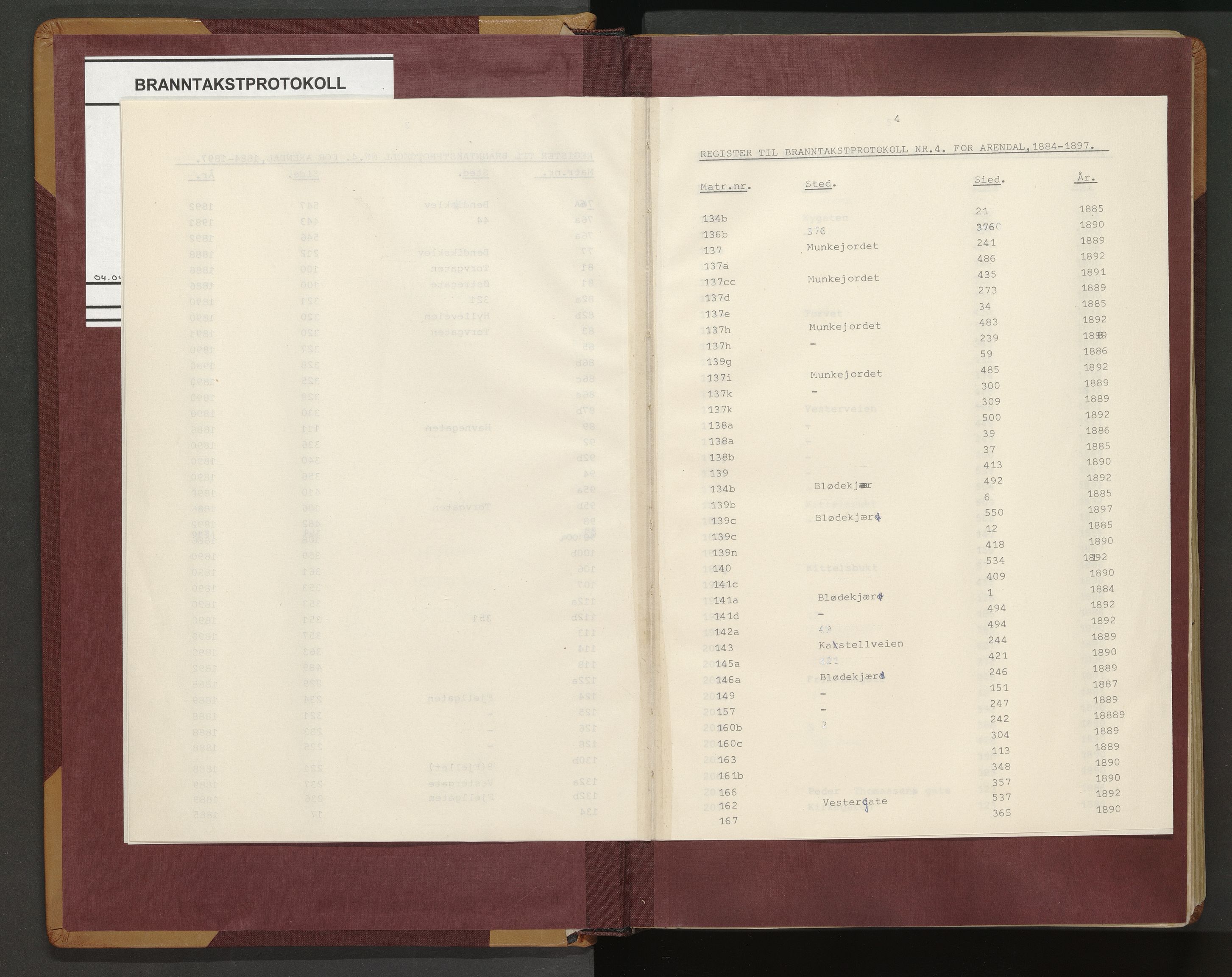 Norges Brannkasse Arendal, AV/SAK-2241-0002/F/Fa/L0021: Branntakstprotokoll nr. 19 med matrikkelnummerregister, 1884-1897
