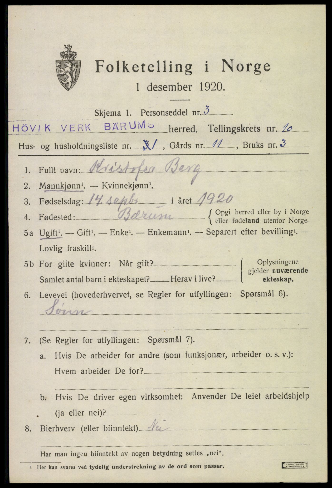 SAO, 1920 census for Bærum, 1920, p. 23000