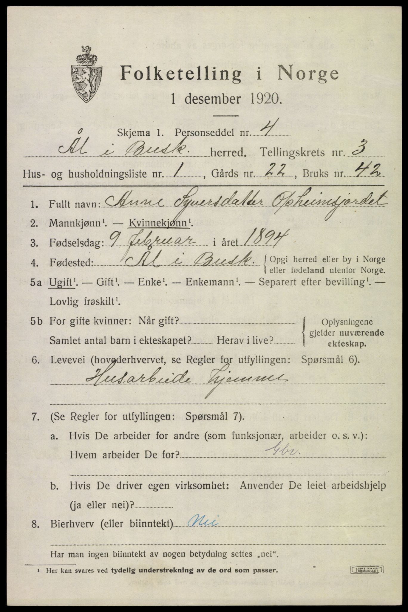 SAKO, 1920 census for Ål, 1920, p. 2382