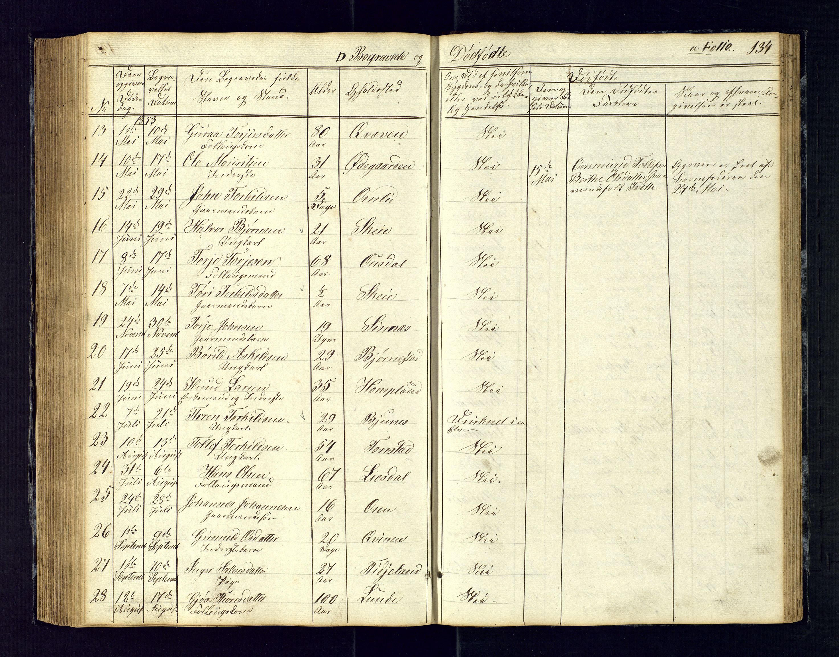 Sirdal sokneprestkontor, SAK/1111-0036/F/Fb/Fbb/L0002: Parish register (copy) no. B-2, 1848-1878, p. 134