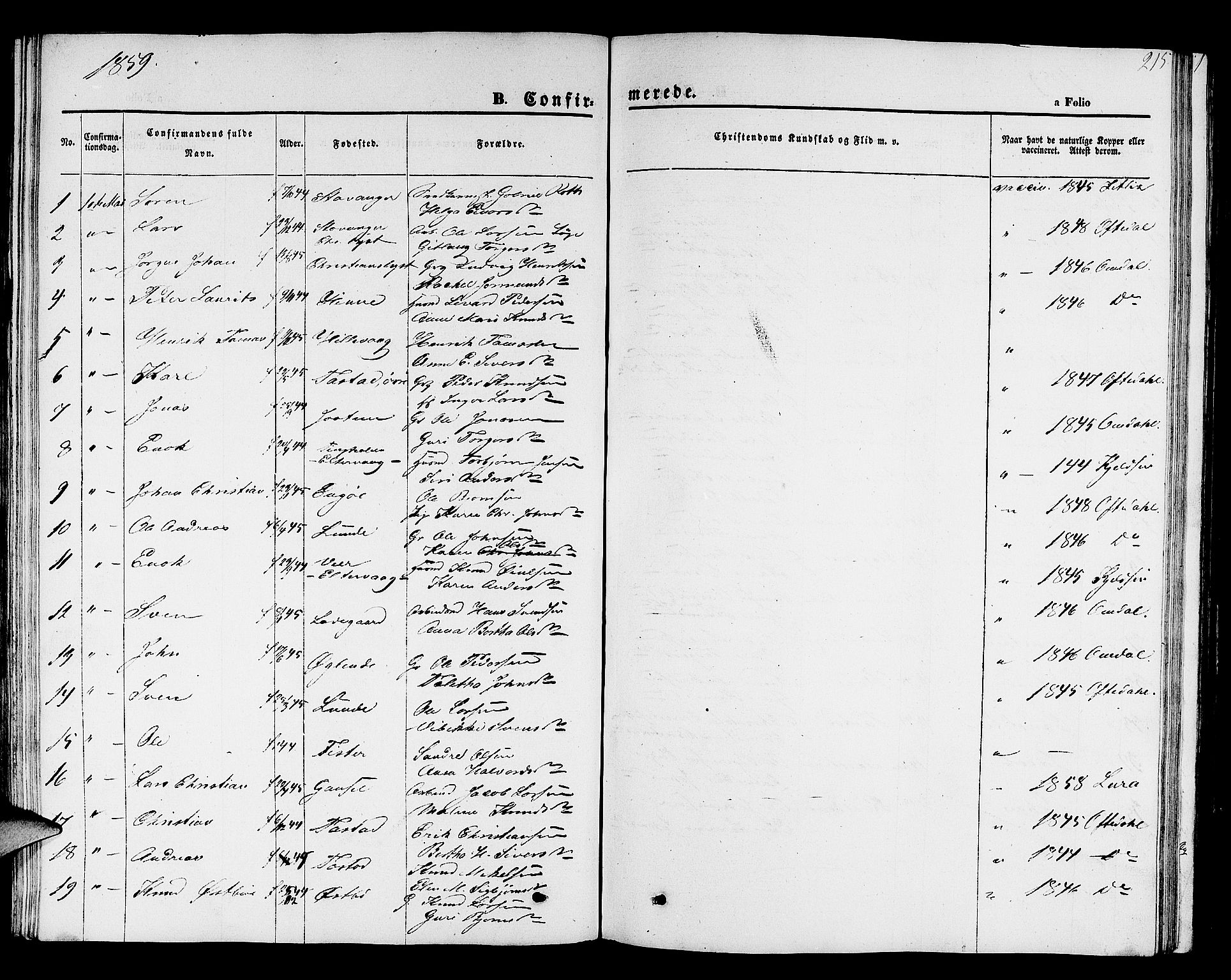 Hetland sokneprestkontor, SAST/A-101826/30/30BB/L0001: Parish register (copy) no. B 1, 1850-1868, p. 215