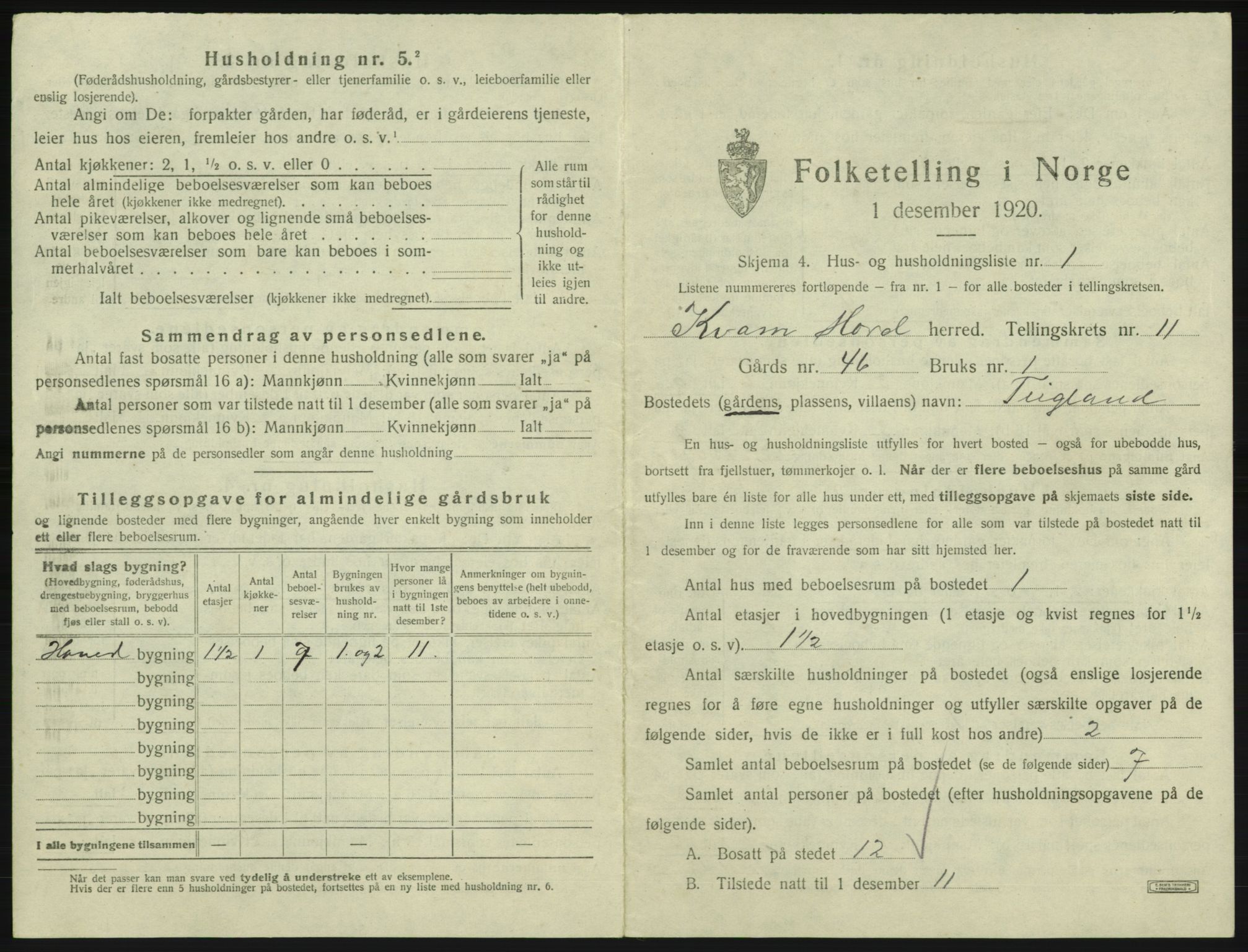 SAB, 1920 census for Kvam, 1920, p. 960