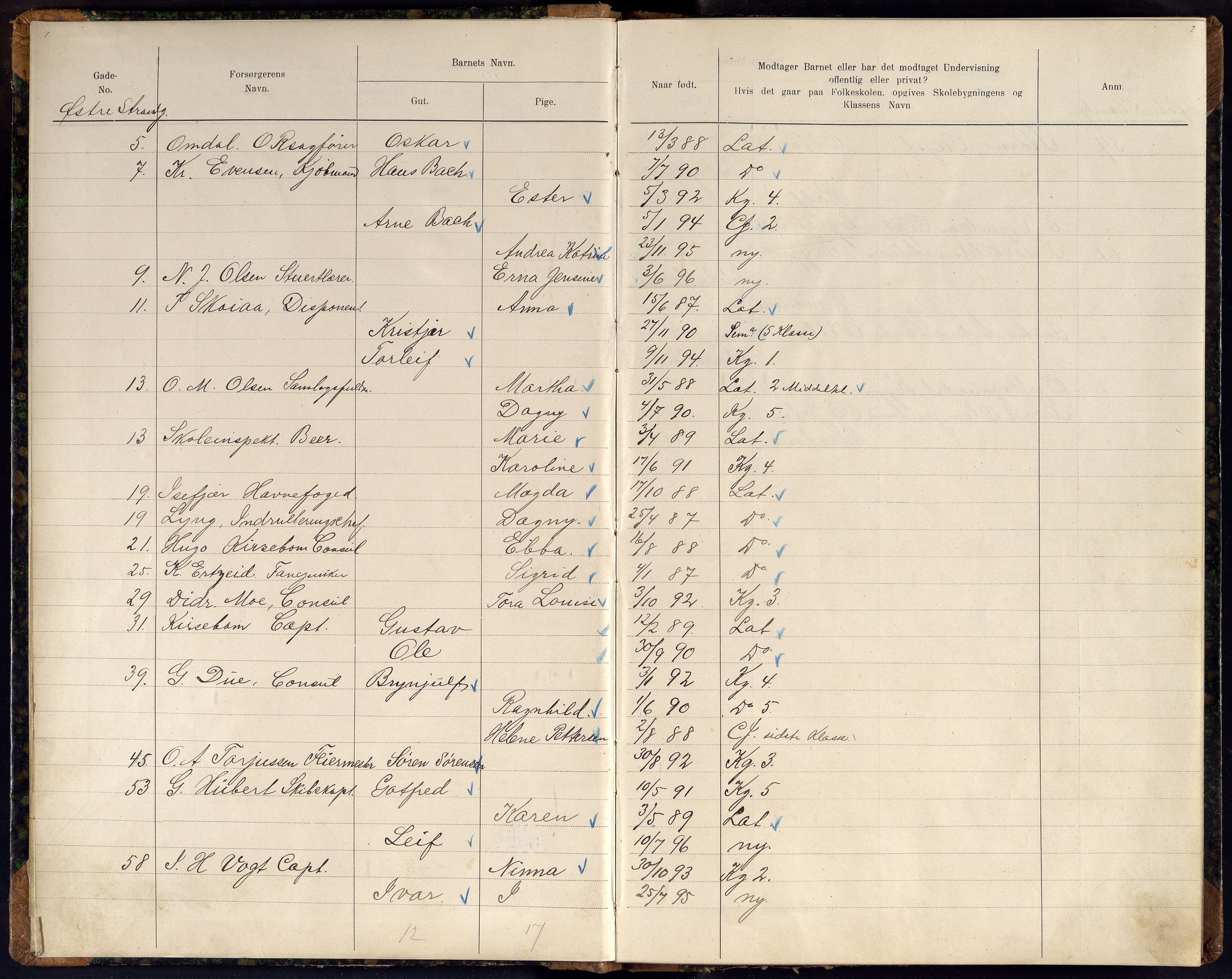 Kristiansand By - Skolekommisjonen/ -Styret, ARKSOR/1001KG510/J/Jb/L0011: Barnetelling, 1902, p. 1-2