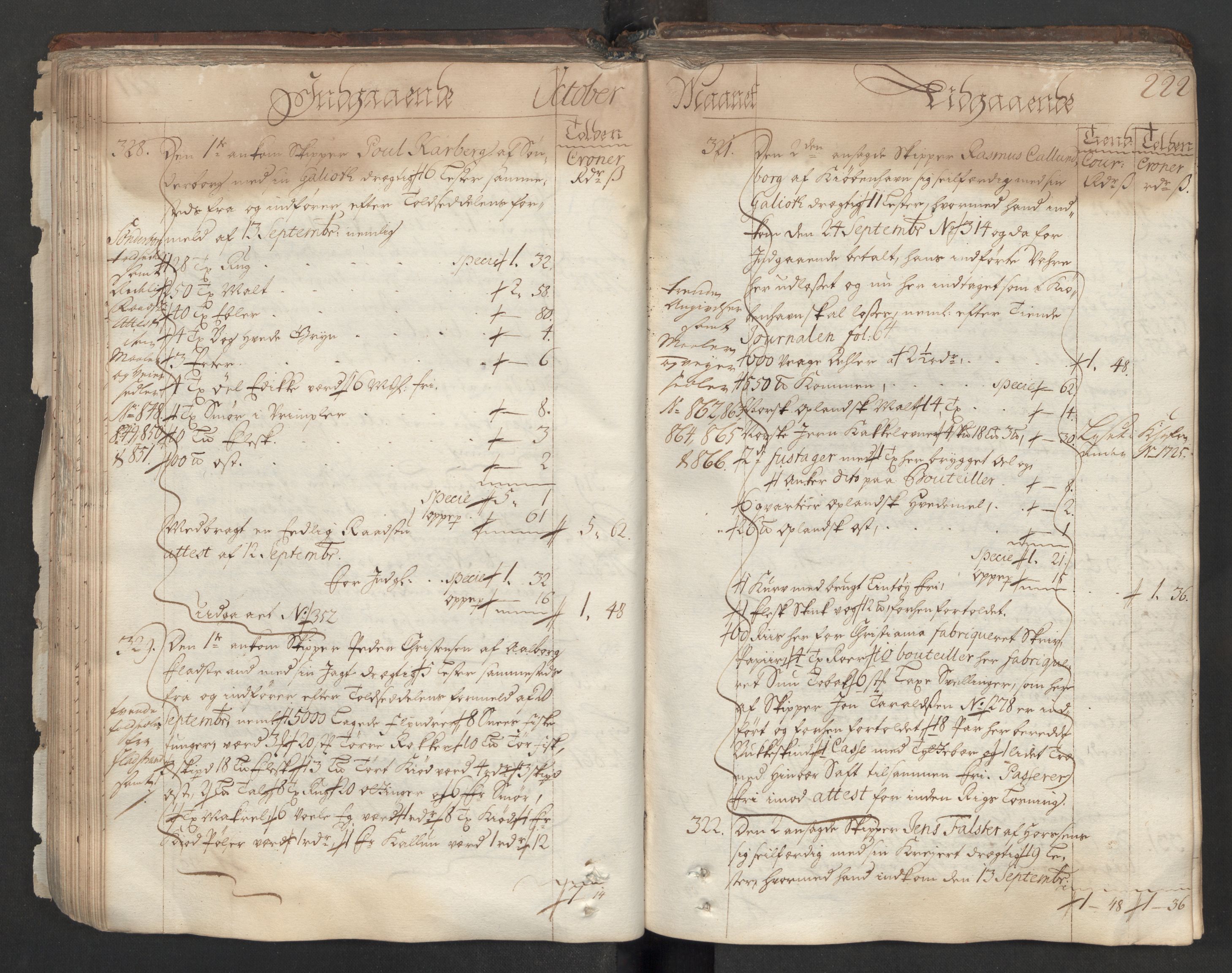 Generaltollkammeret, tollregnskaper, AV/RA-EA-5490/R06/L0012/0001: Tollregnskaper Kristiania / Hovedtollbok, 1731, p. 221b-222a