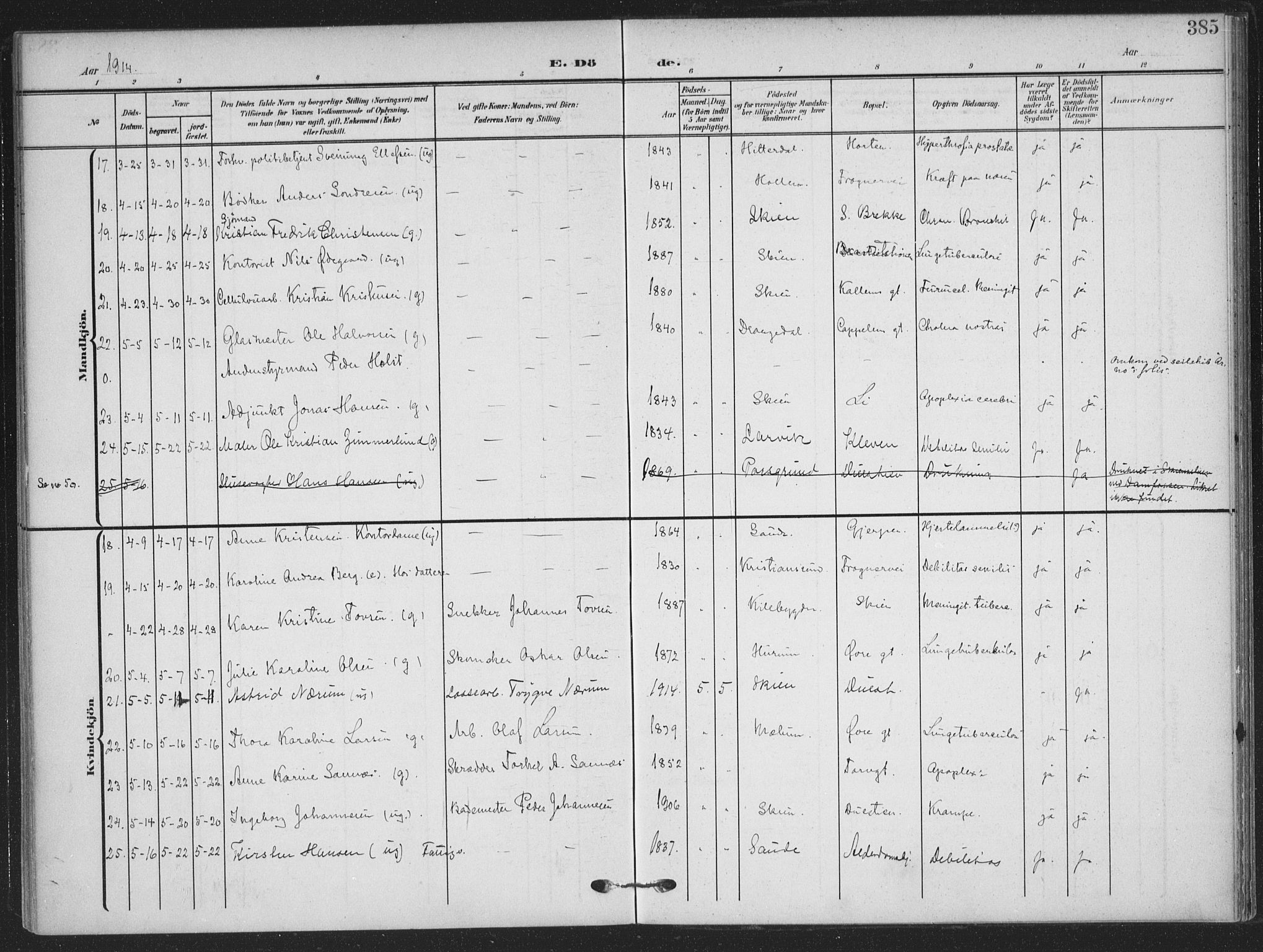 Skien kirkebøker, AV/SAKO-A-302/F/Fa/L0012: Parish register (official) no. 12, 1908-1914, p. 385