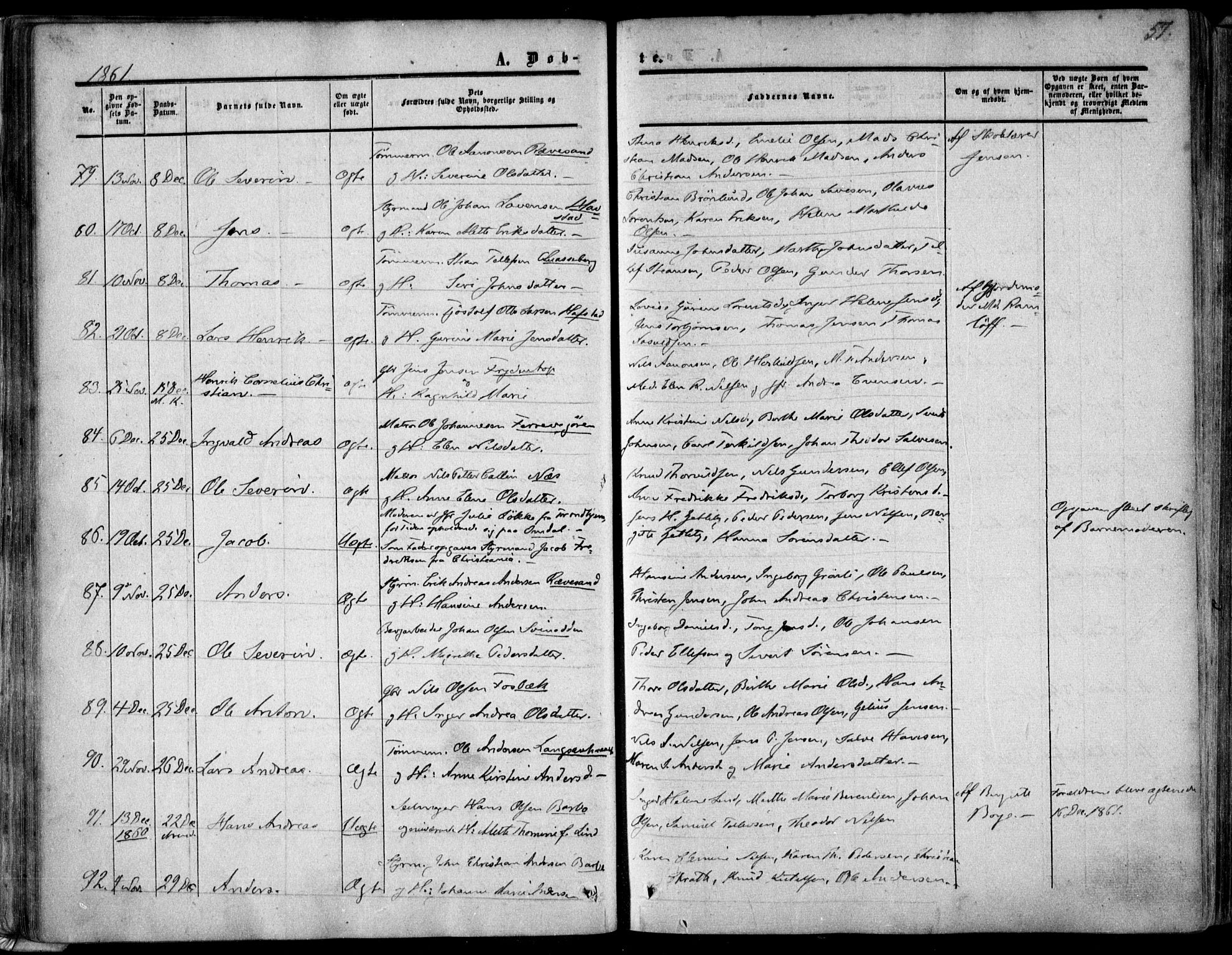 Tromøy sokneprestkontor, AV/SAK-1111-0041/F/Fa/L0006: Parish register (official) no. A 6, 1855-1863, p. 57