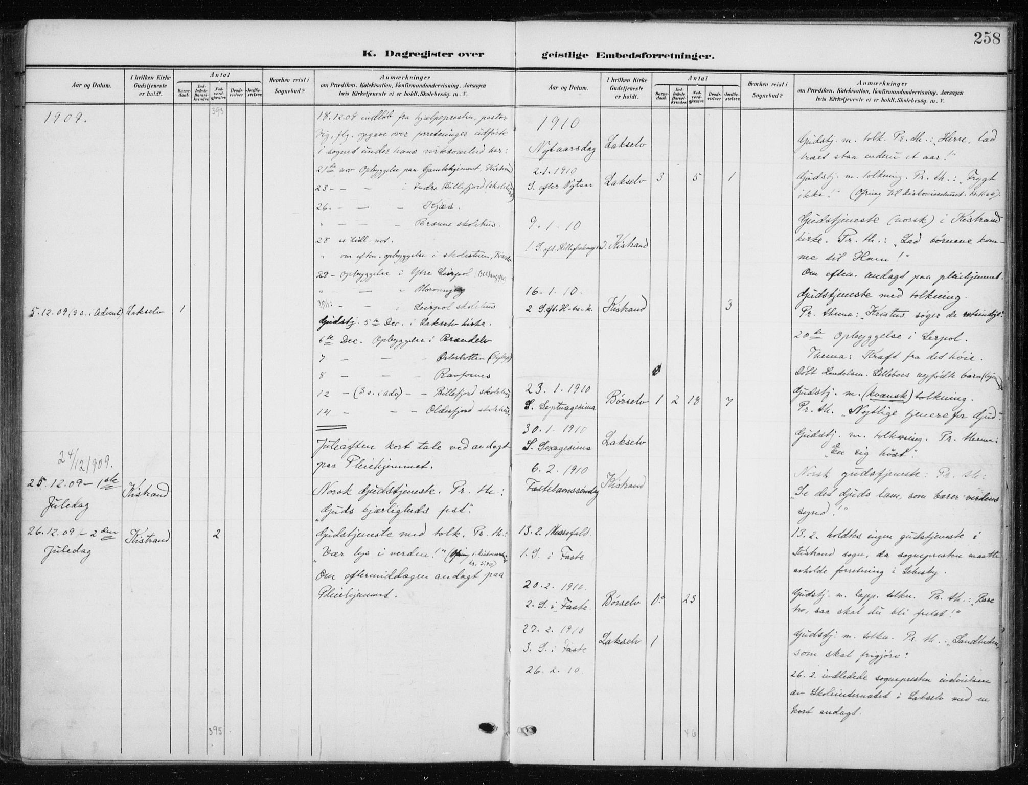 Kistrand/Porsanger sokneprestembete, SATØ/S-1351/H/Ha/L0014.kirke: Parish register (official) no. 14, 1908-1917, p. 258