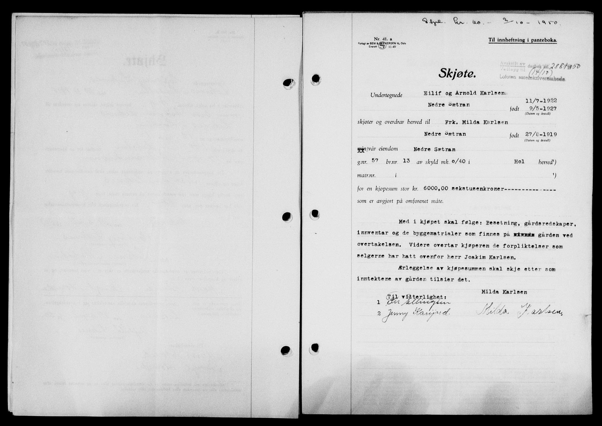 Lofoten sorenskriveri, SAT/A-0017/1/2/2C/L0024a: Mortgage book no. 24a, 1950-1950, Diary no: : 2881/1950