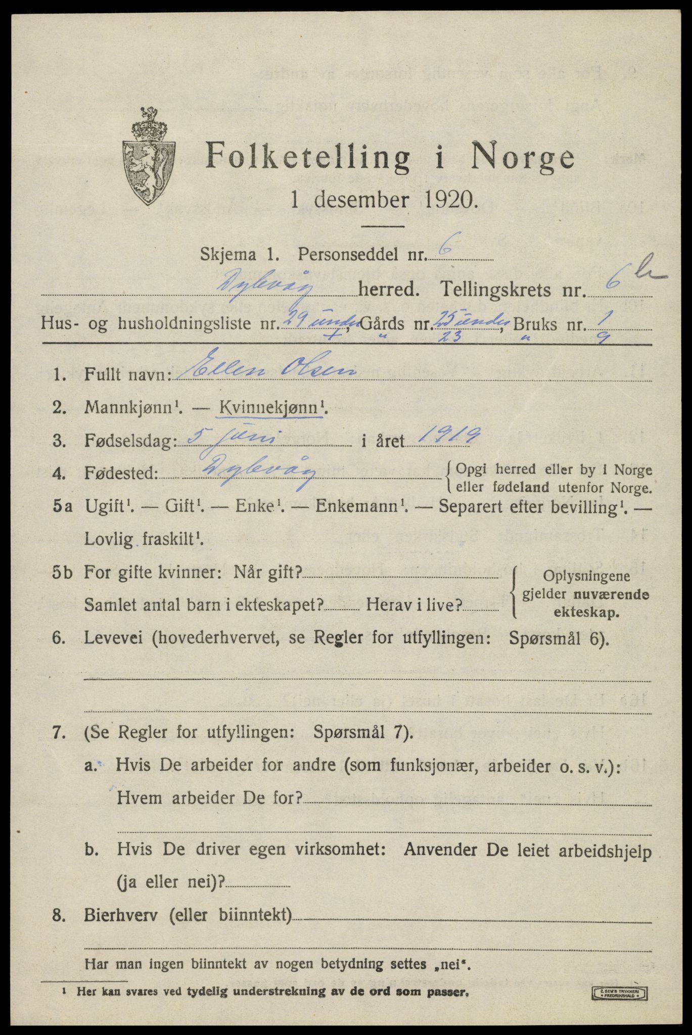 SAK, 1920 census for Dypvåg, 1920, p. 5727