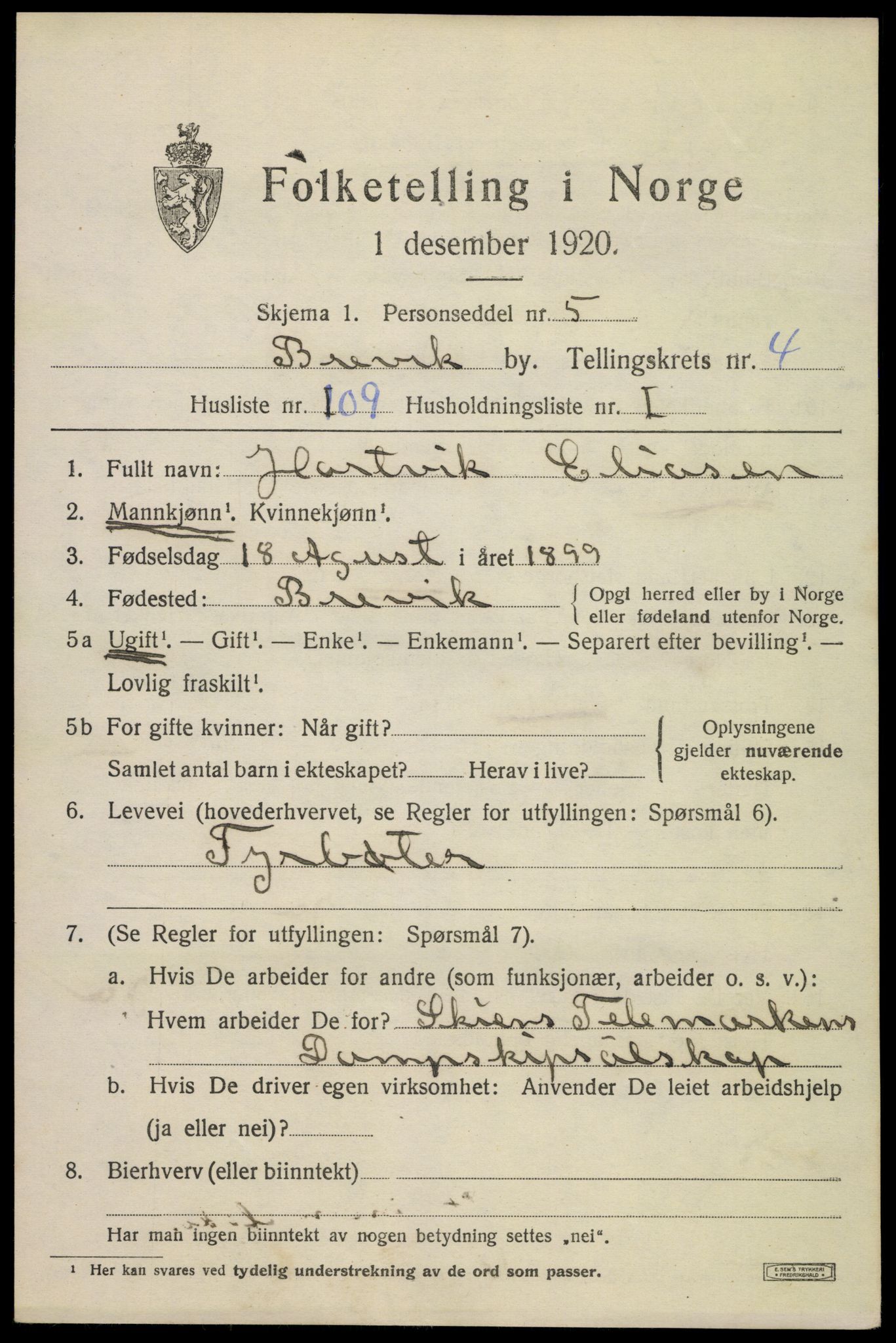 SAKO, 1920 census for Brevik, 1920, p. 7122