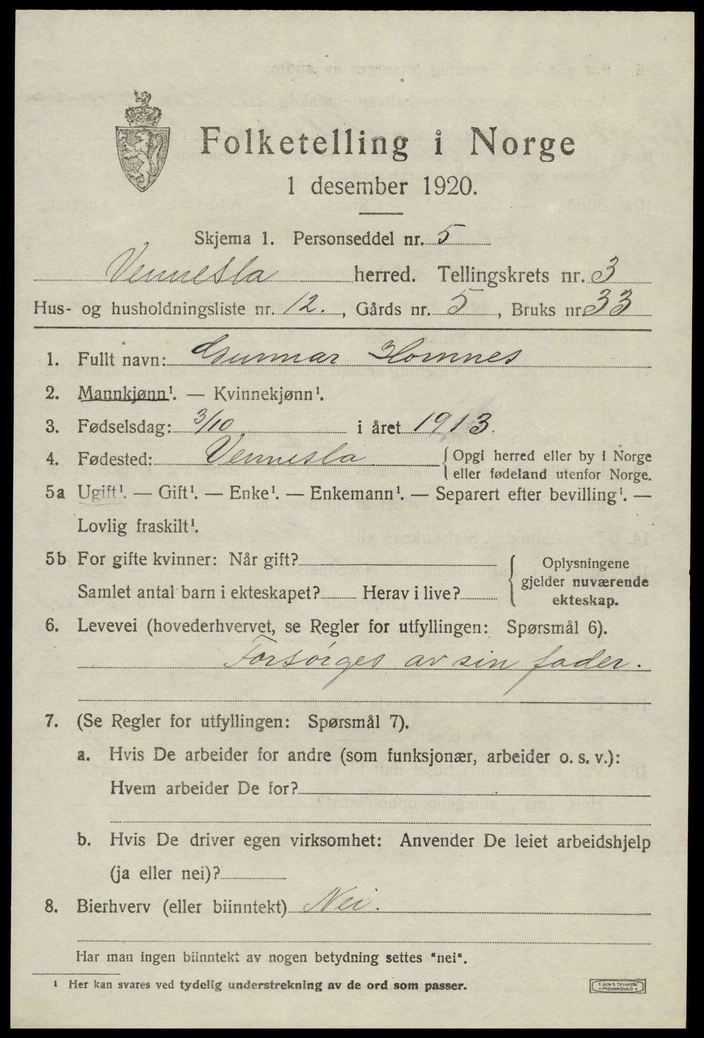 SAK, 1920 census for Vennesla, 1920, p. 2356