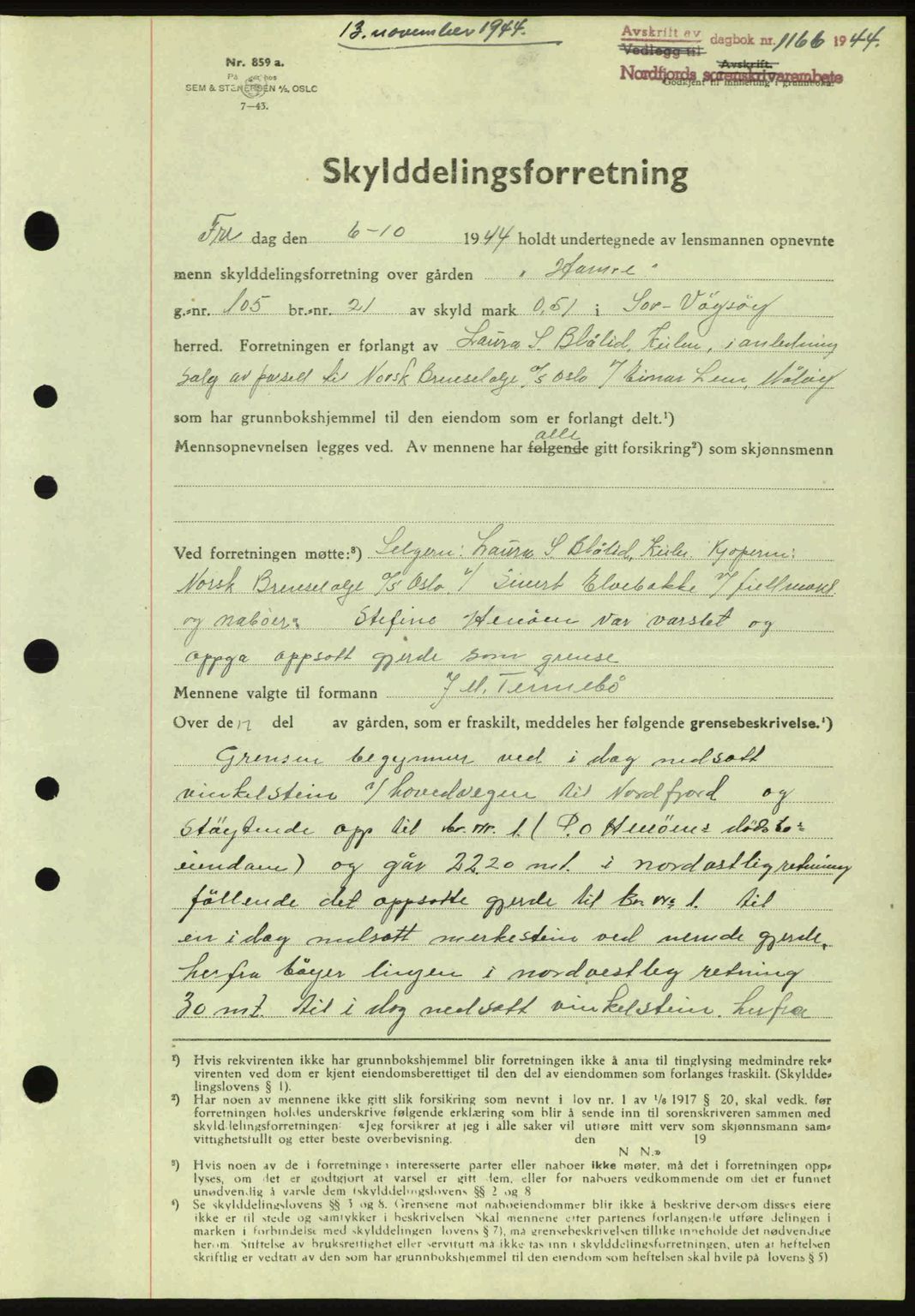 Nordfjord sorenskriveri, AV/SAB-A-2801/02/02b/02bj/L0009a: Mortgage book no. A9 I, 1944-1944, Diary no: : 1166/1944